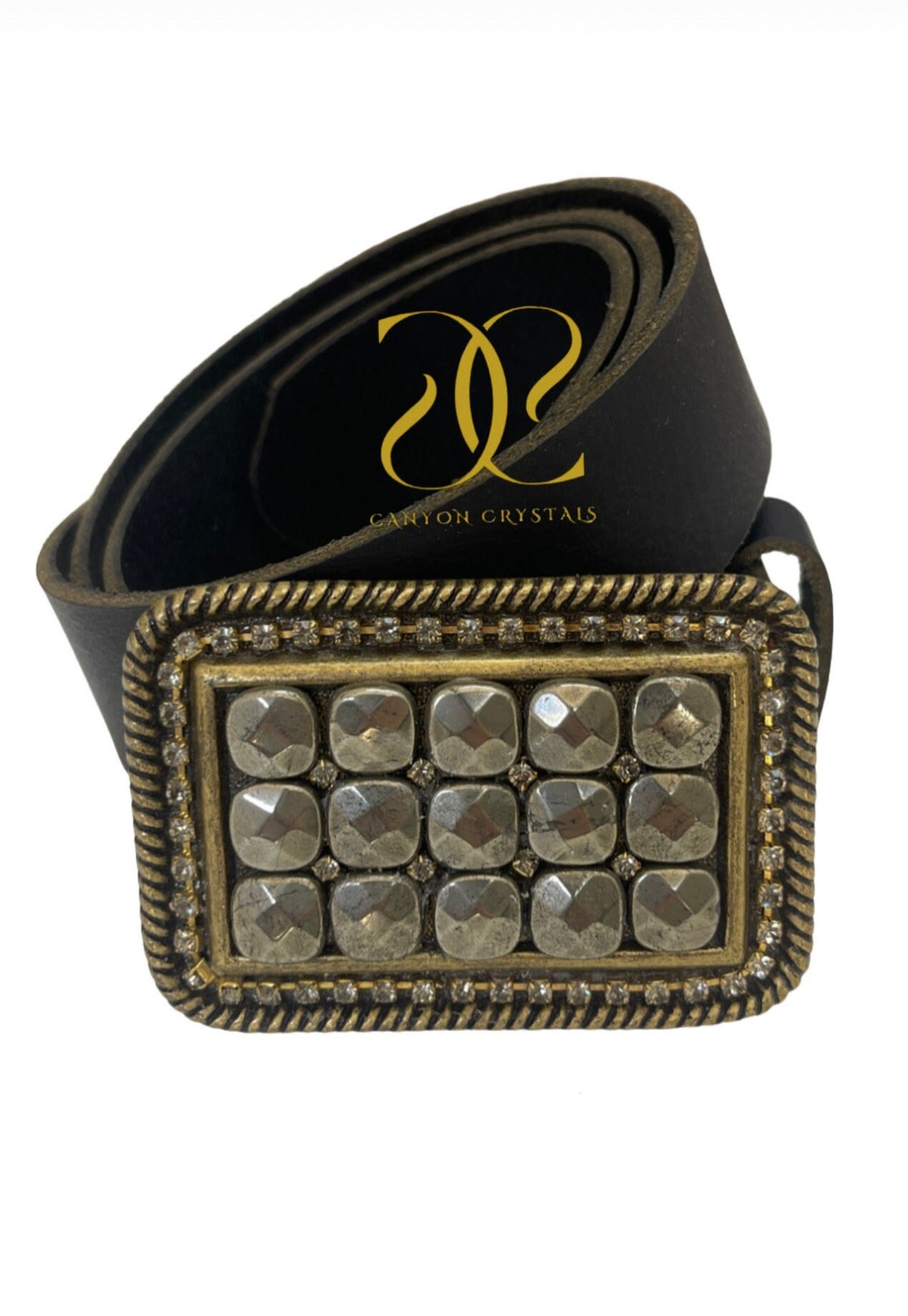 Pyrite & Swarovski Crystal Belt Buckle: Unique Gemstone Snap Belt