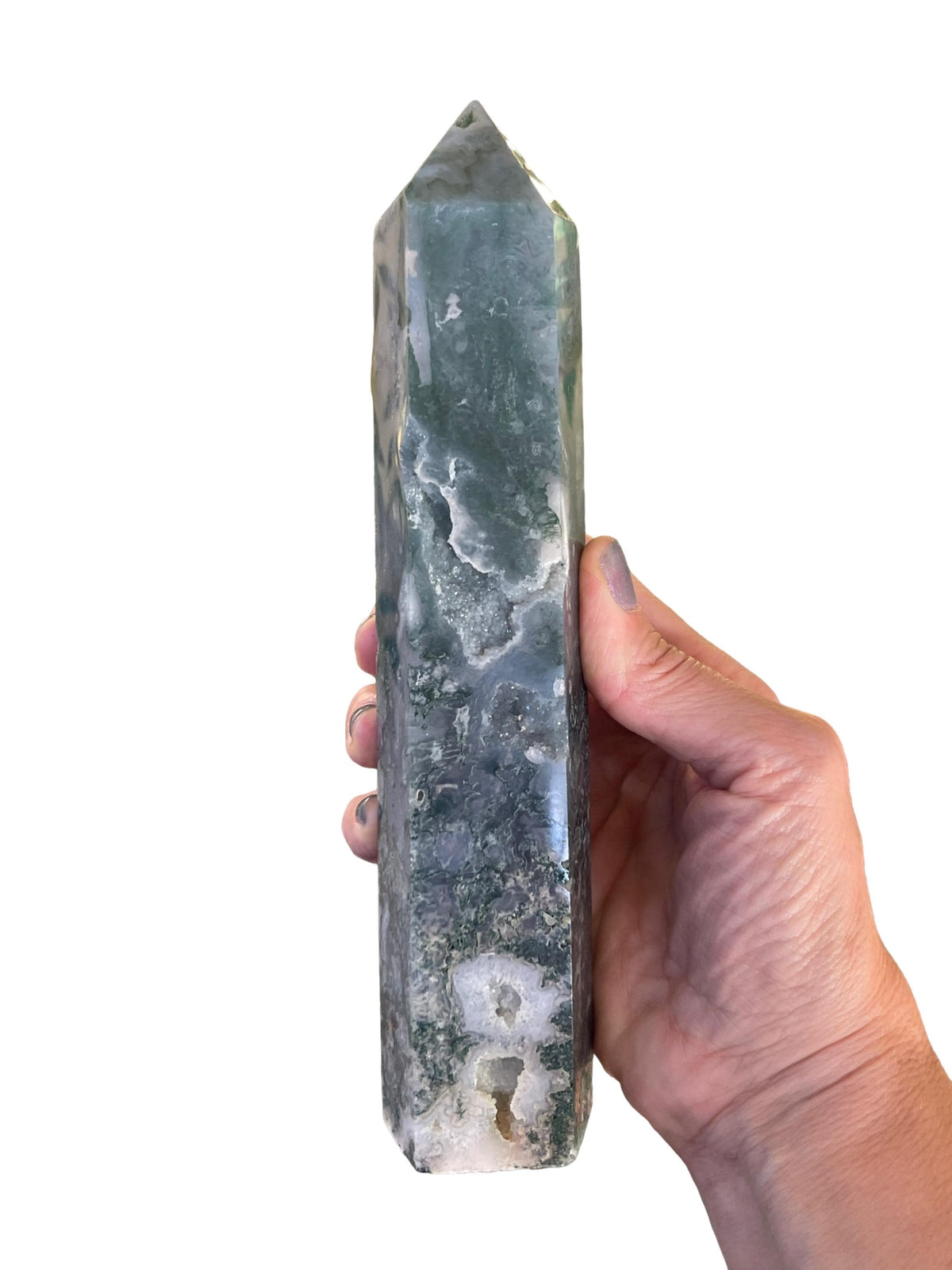 Druzy Moss Agate Tower: Reiki Charged Crystal Obelisk (8.25")