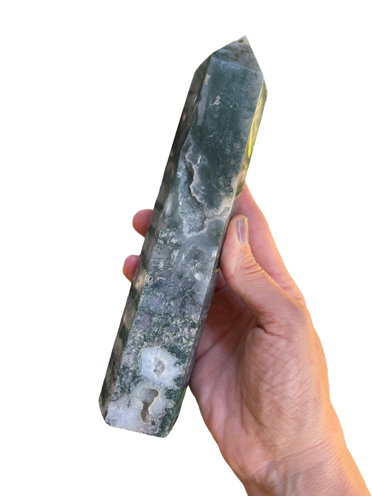 Druzy Moss Agate Tower: Reiki Charged Crystal Obelisk (8.25")