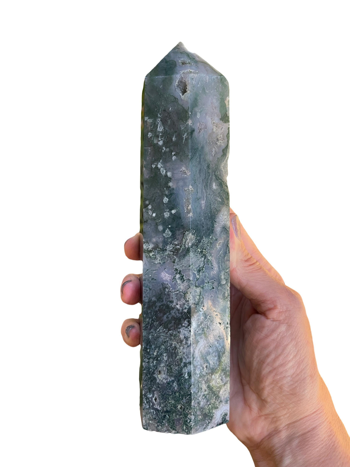 Druzy Moss Agate Tower: Reiki Charged Crystal Obelisk (8.25")