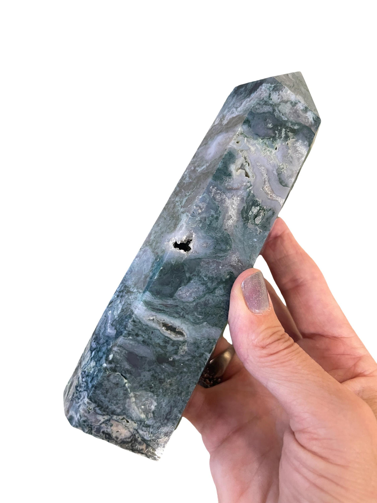 Moss Agate Crystal Tower: Druzy Pockets, Reiki Charged (6.75" x 1.75")