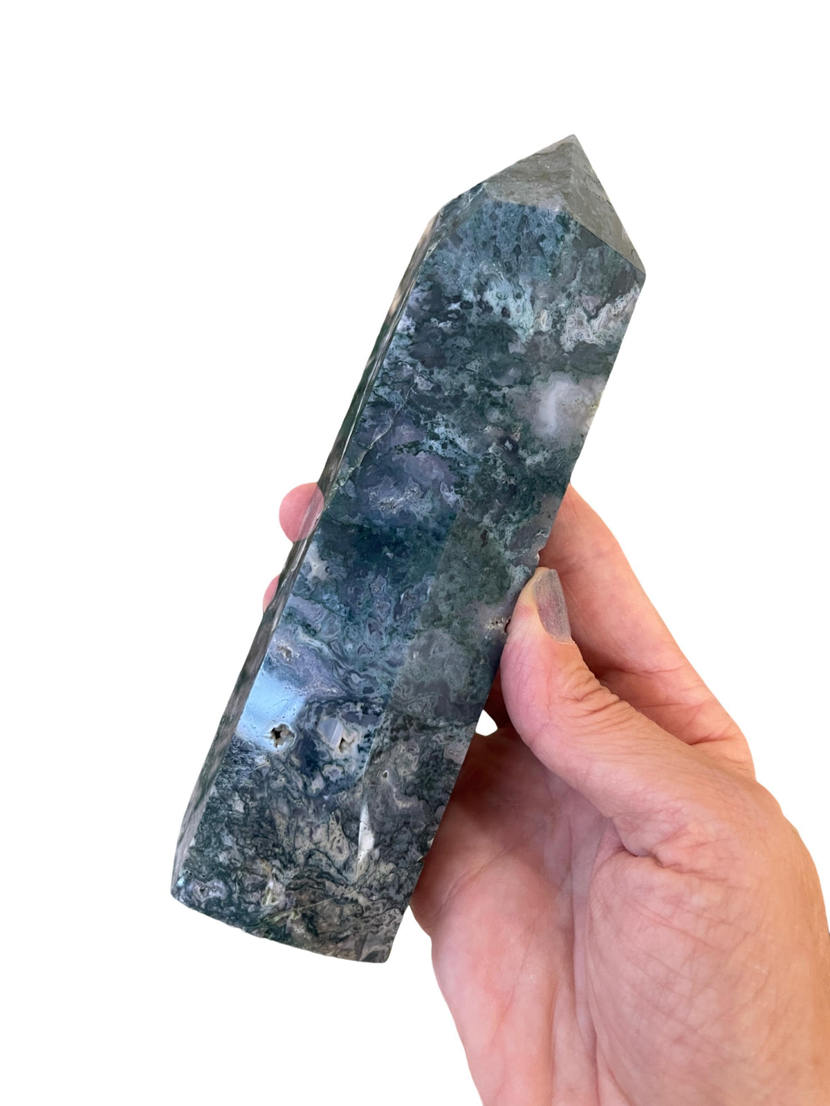 Moss Agate Crystal Tower: Druzy Pockets, Reiki Charged (6.75" x 1.75")