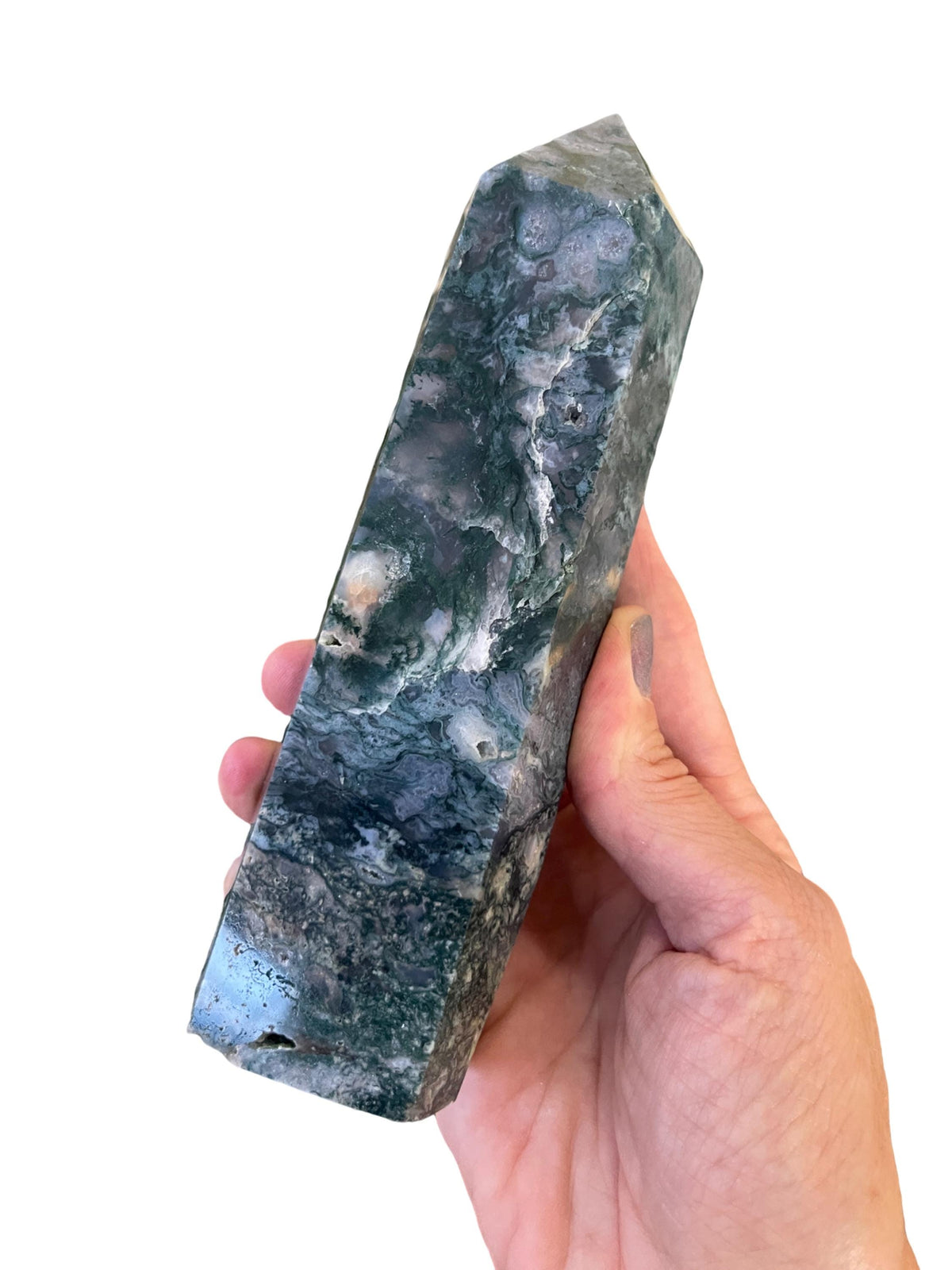 Moss Agate Crystal Tower: Druzy Pockets, Reiki Charged (6.75" x 1.75")