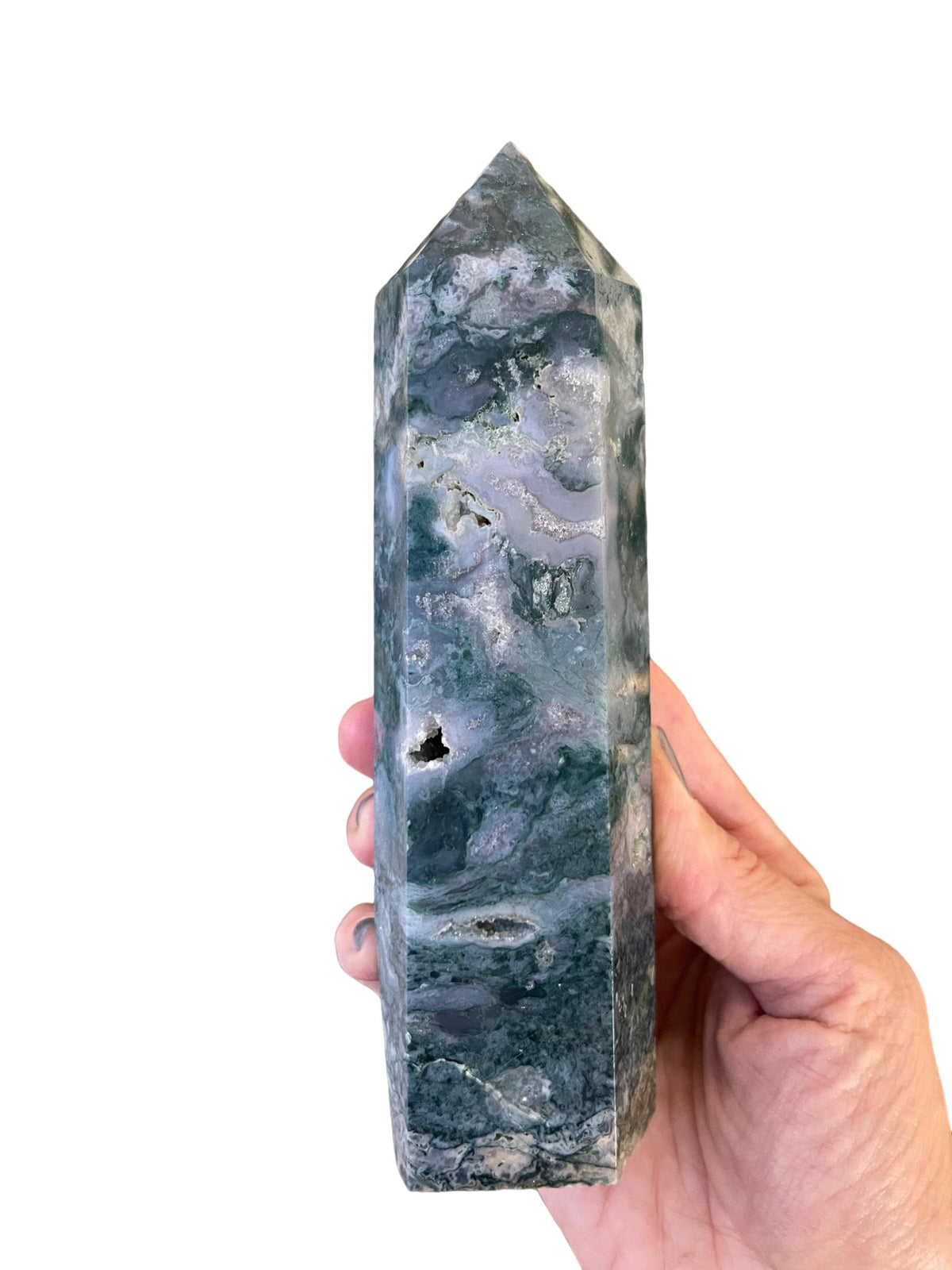 Moss Agate Crystal Tower: Druzy Pockets, Reiki Charged (6.75" x 1.75")