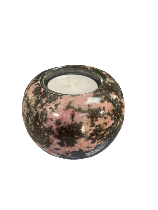 Polished Rhodonite Candle Holder, Rhodonite Tea Light Holder, Healing Crystal Candleholder Gifts for Crystal Lovers, Unique Holiday Gifts