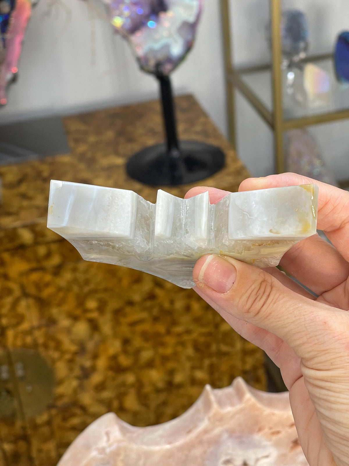 Druzy Agate Bat Carving: Halloween Crystal Decor (4" x 2.25")