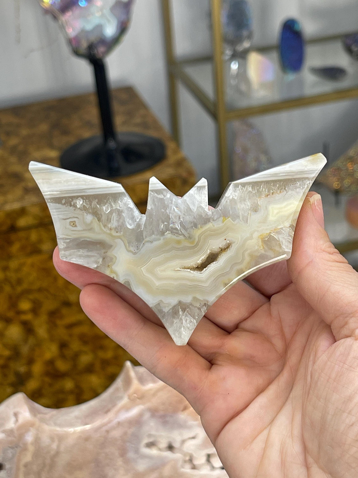 Druzy Agate Bat Carving: Halloween Crystal Decor (4" x 2.25")