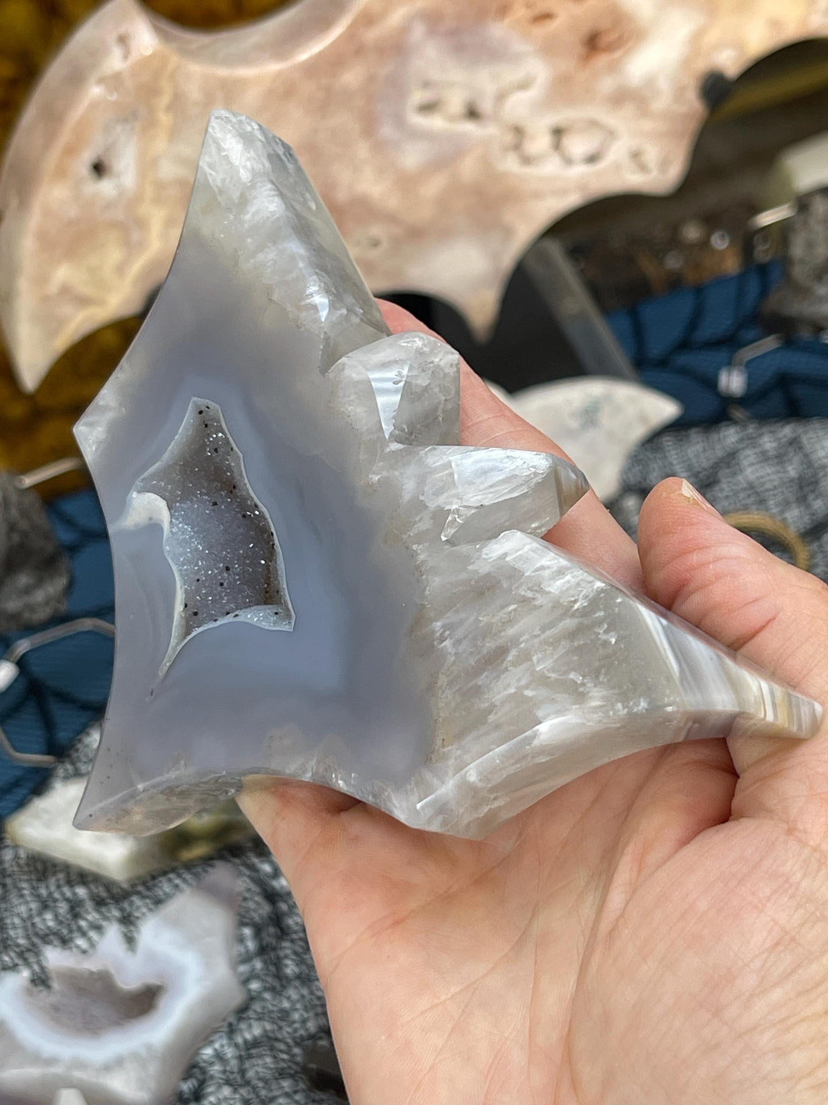 Druzy Agate Bat Carving: Witchy Halloween Crystal Decor