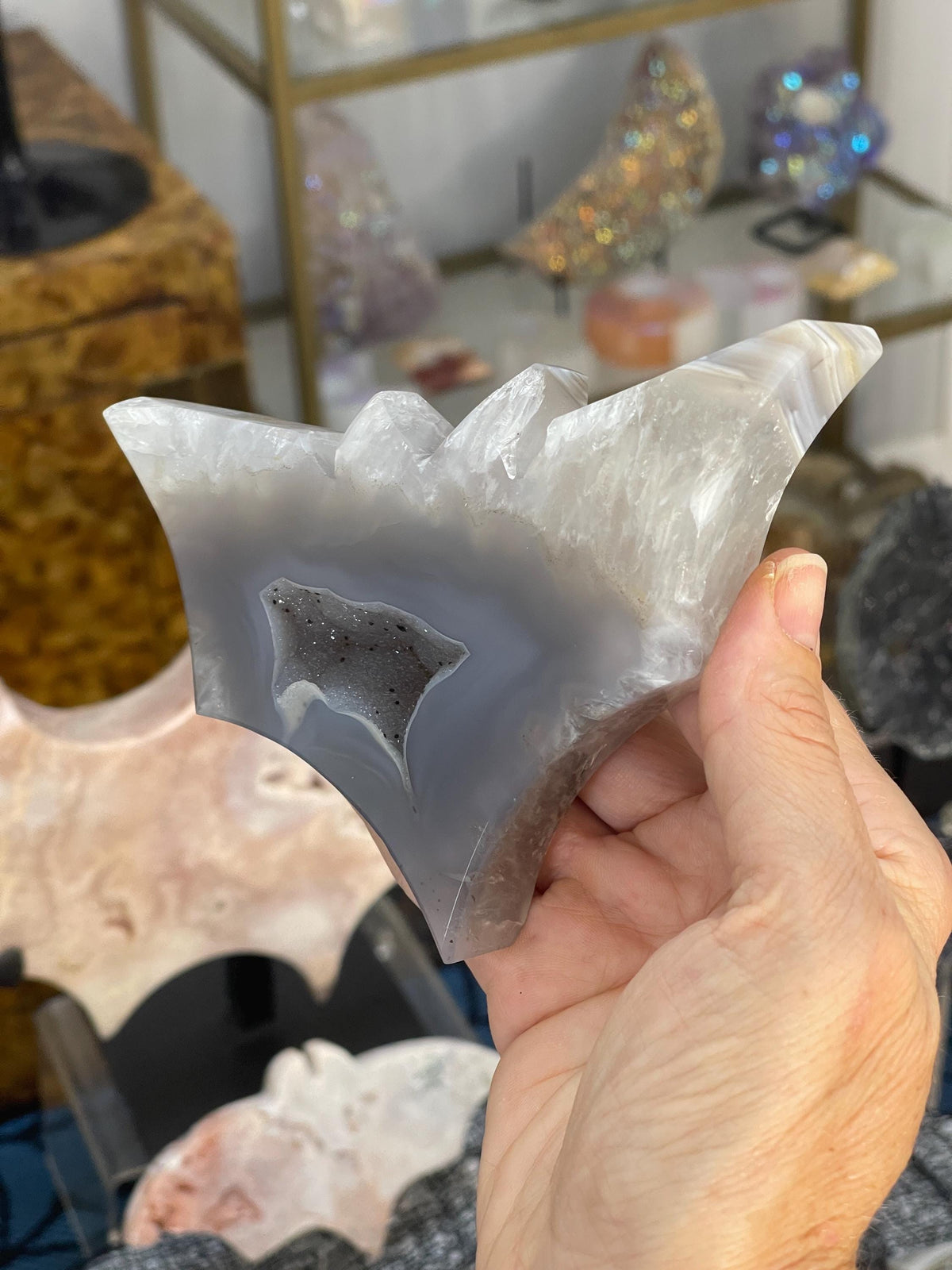 Druzy Agate Bat Carving: Witchy Halloween Crystal Decor