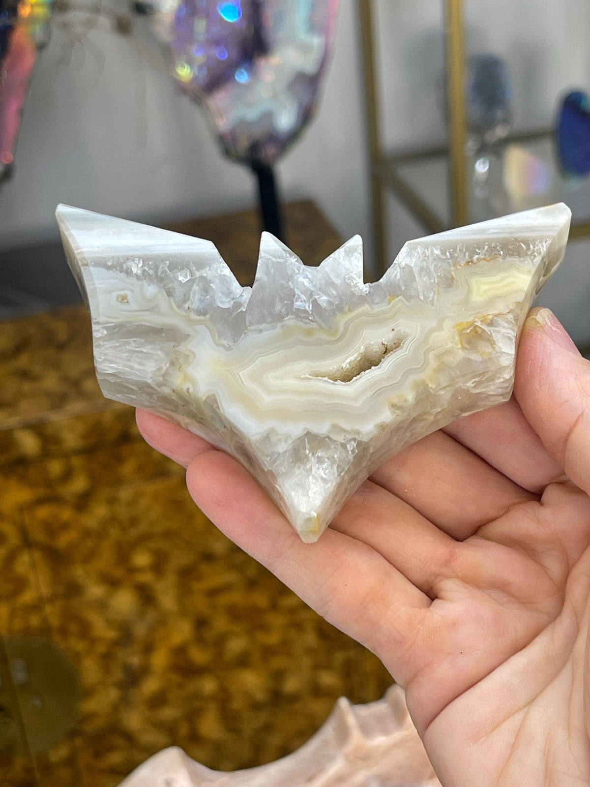 Druzy Agate Bat Carving: Halloween Crystal Decor (4" x 2.25")
