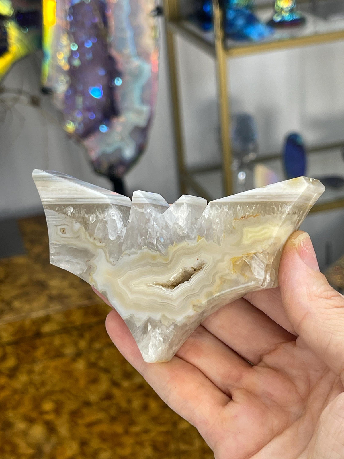 Druzy Agate Bat Carving: Halloween Crystal Decor (4" x 2.25")