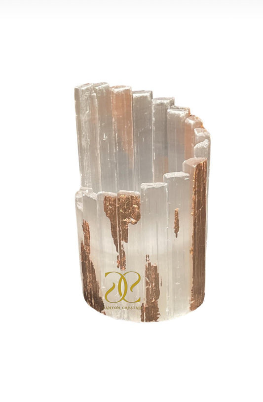 Rose Gold Leaf Selenite Candle Holder: Art Deco Home Decor