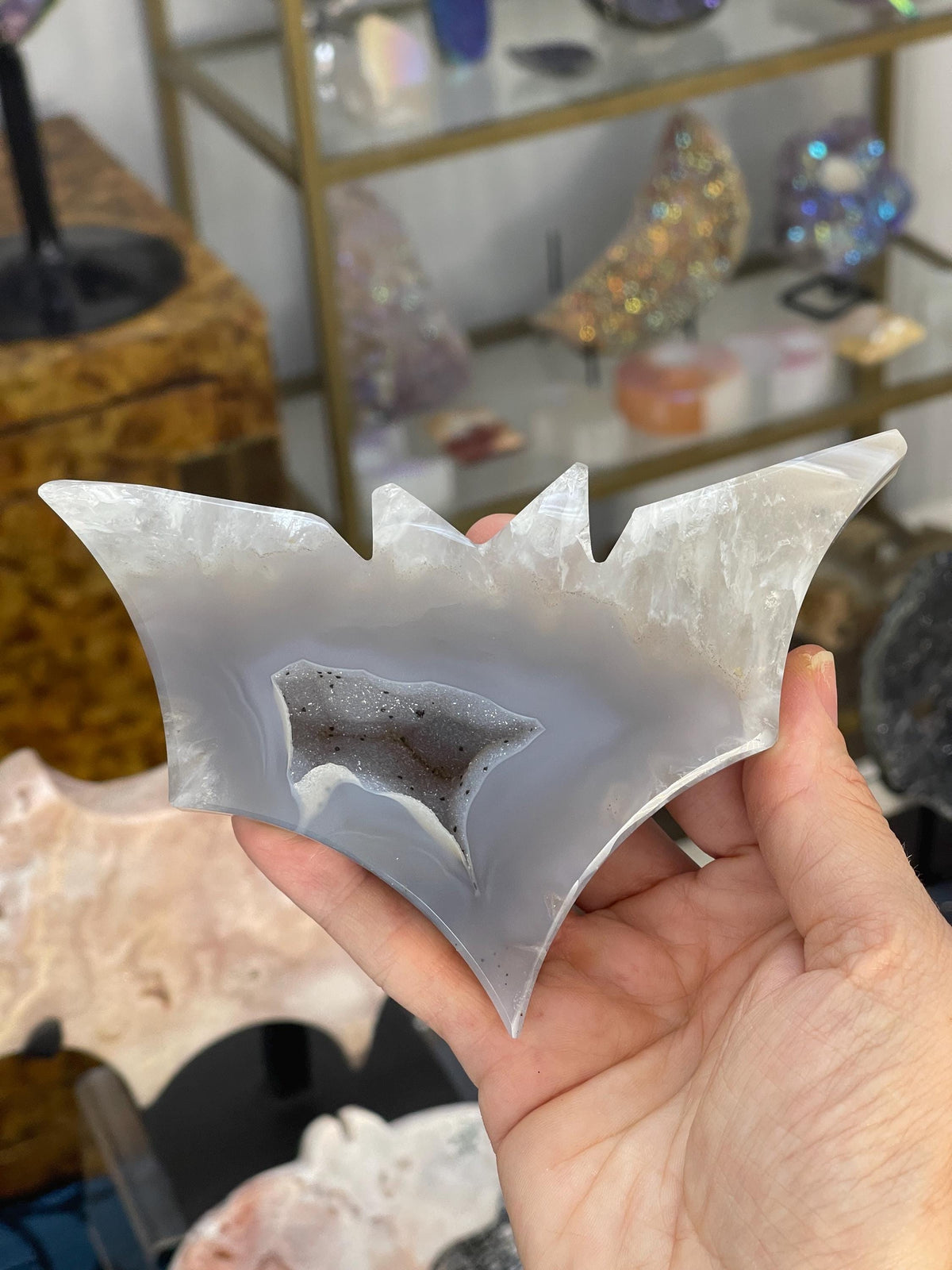 Druzy Agate Bat Carving: Witchy Halloween Crystal Decor