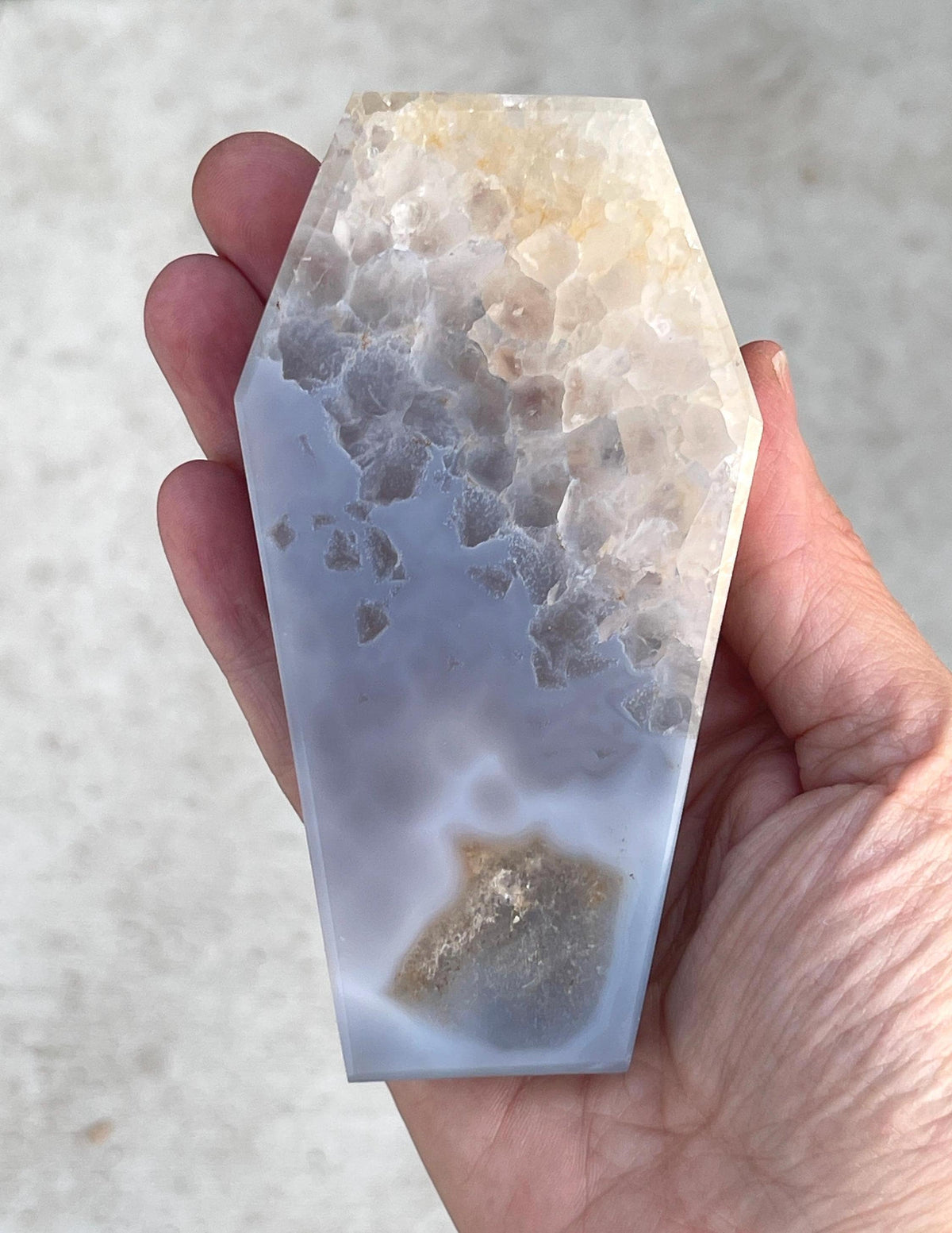 Halloween Crystal Decor, Self Standing Druzy Agate Coffin Carving