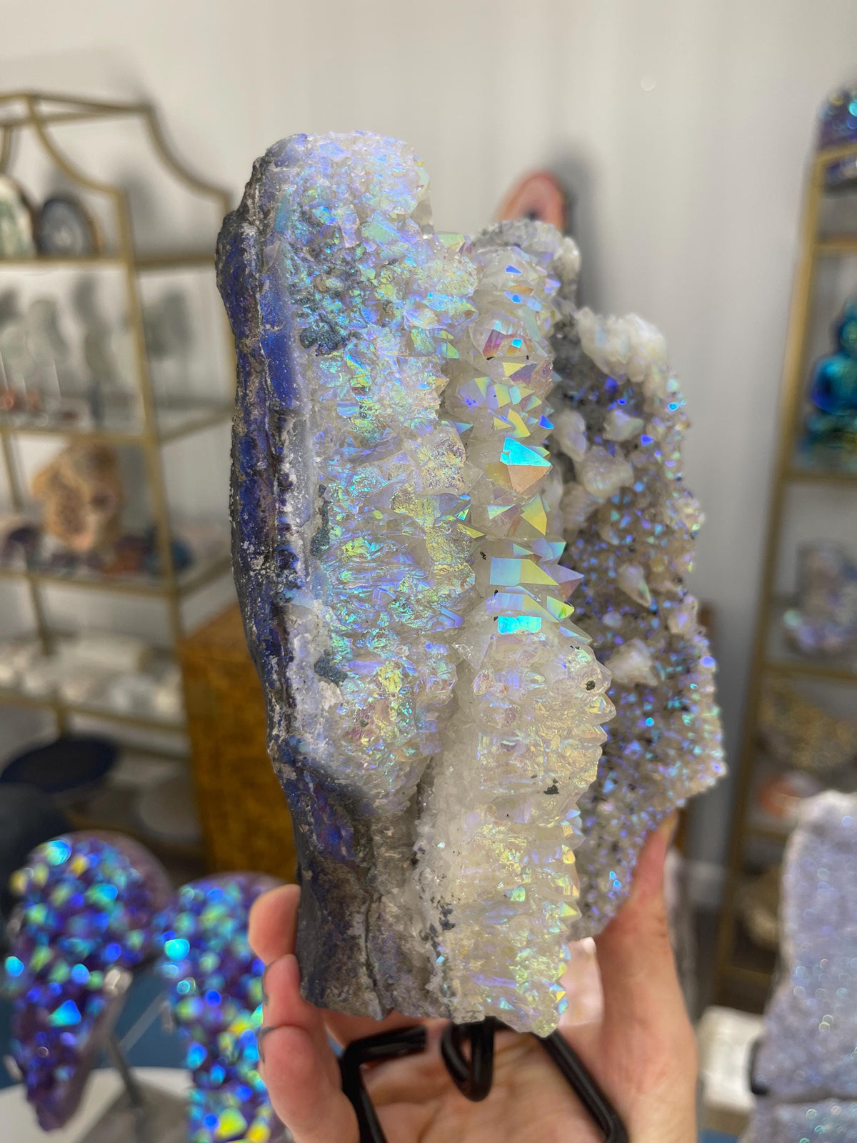Angel Aura Quartz Druzy: Luxury Statement Crystal on Stand