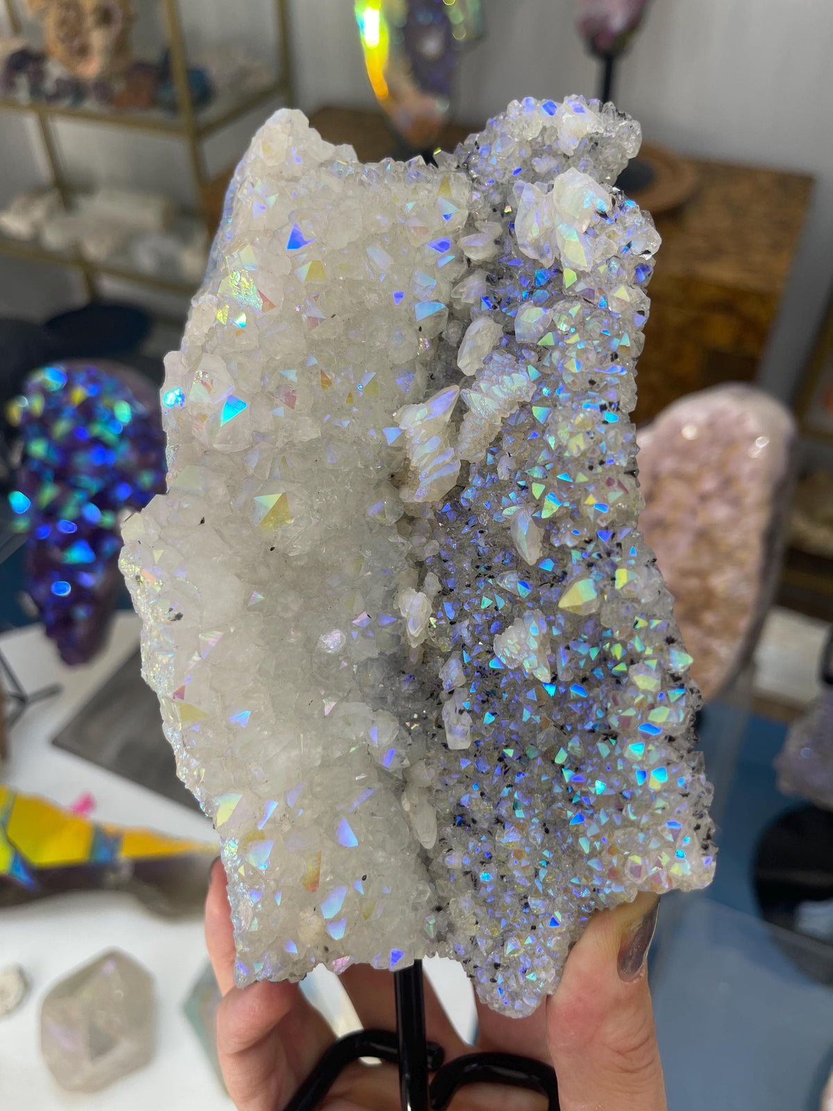 Angel Aura Quartz Druzy: Luxury Statement Crystal on Stand