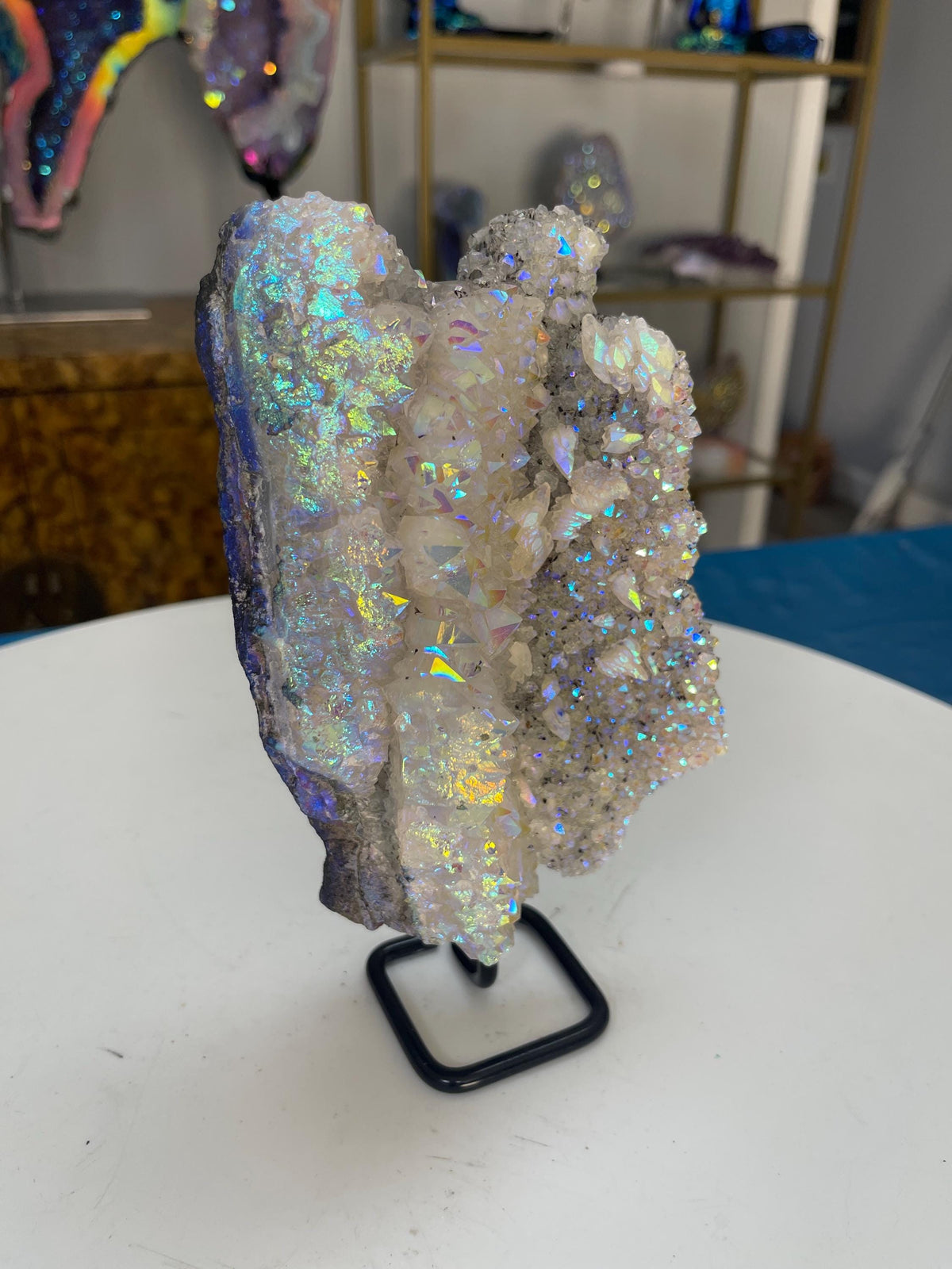 Angel Aura Quartz Druzy: Luxury Statement Crystal on Stand