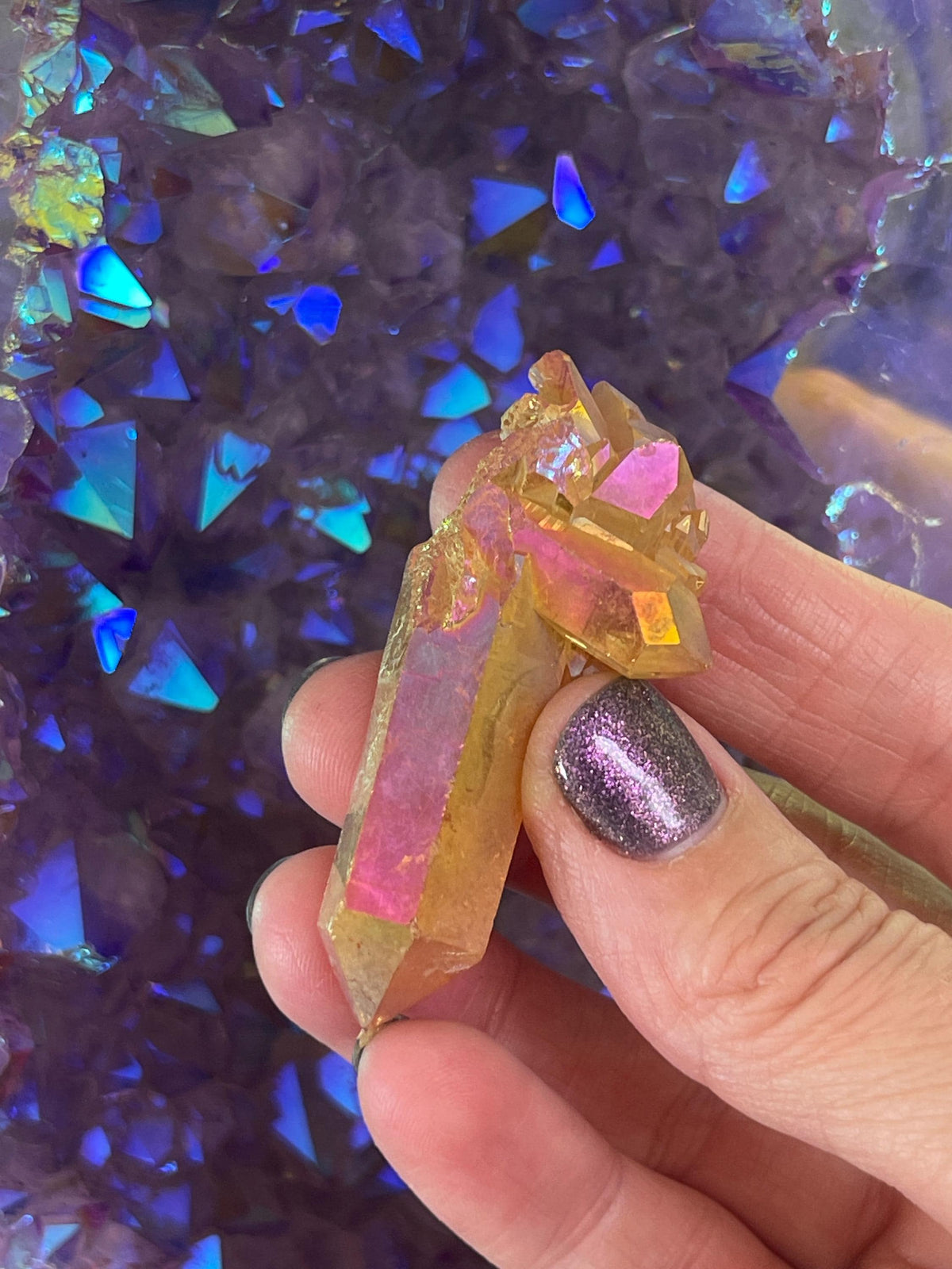Sunset Aura Quartz Cluster: High Vibration Home Decor Crystal