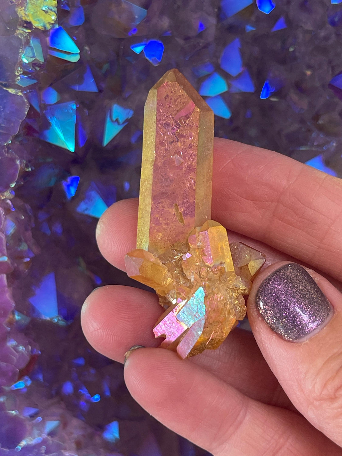 Sunset Aura Quartz Cluster: High Vibration Home Decor Crystal