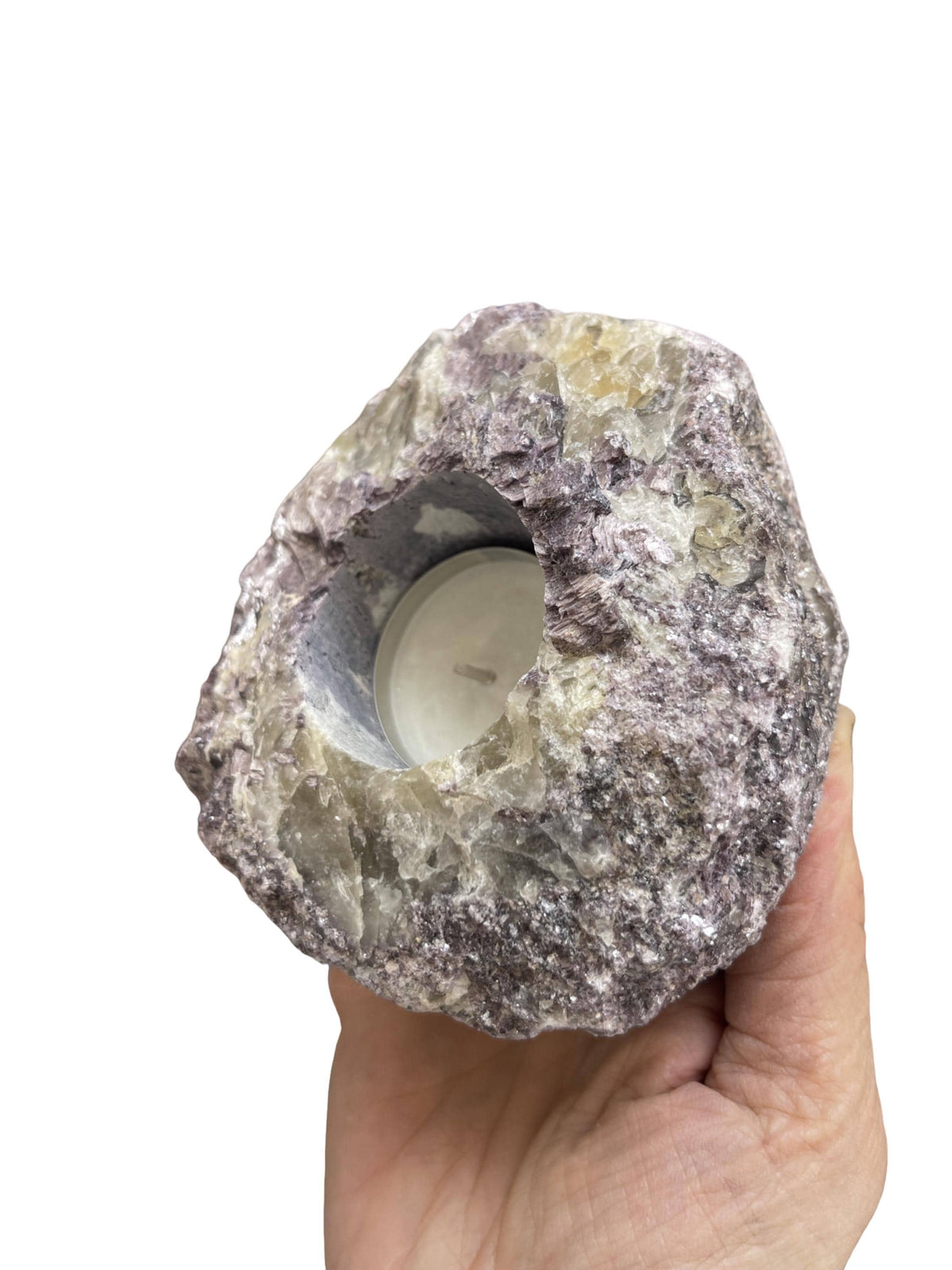 Lepidolite Tea Light Holder: Mica Crystal Candle Holder, Anxiety Relief Decor