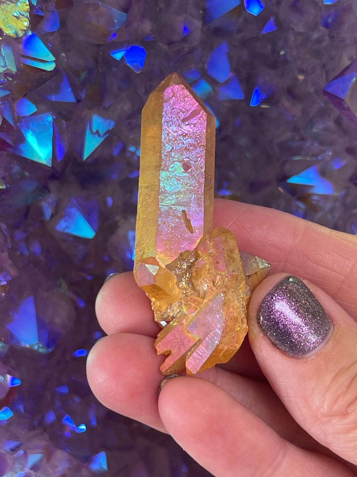 Sunset Aura Quartz Cluster: High Vibration Home Decor Crystal