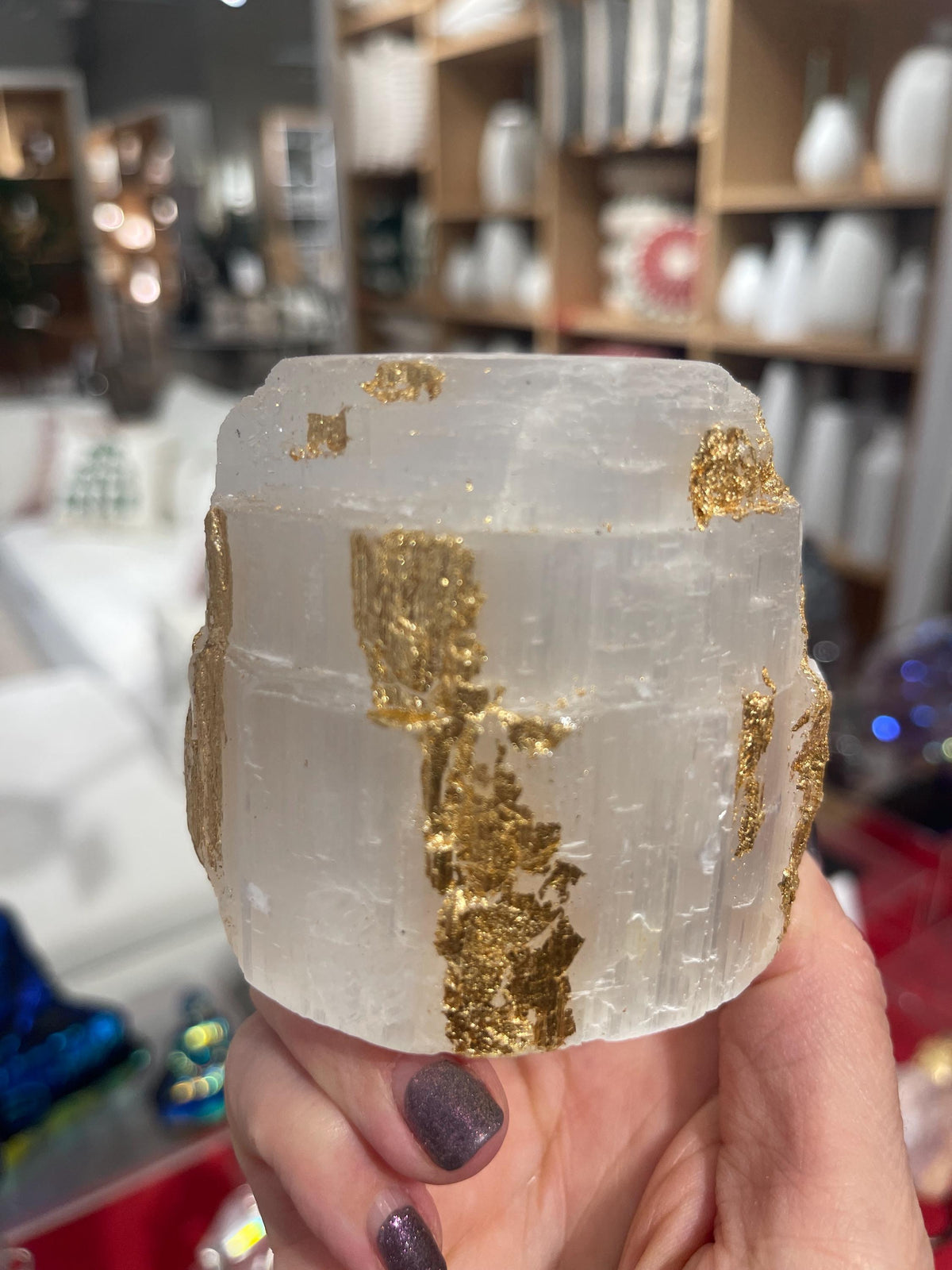 Luxury Gold Leaf Selenite Candle Holder, Holiday Table Decor Wedding Gift