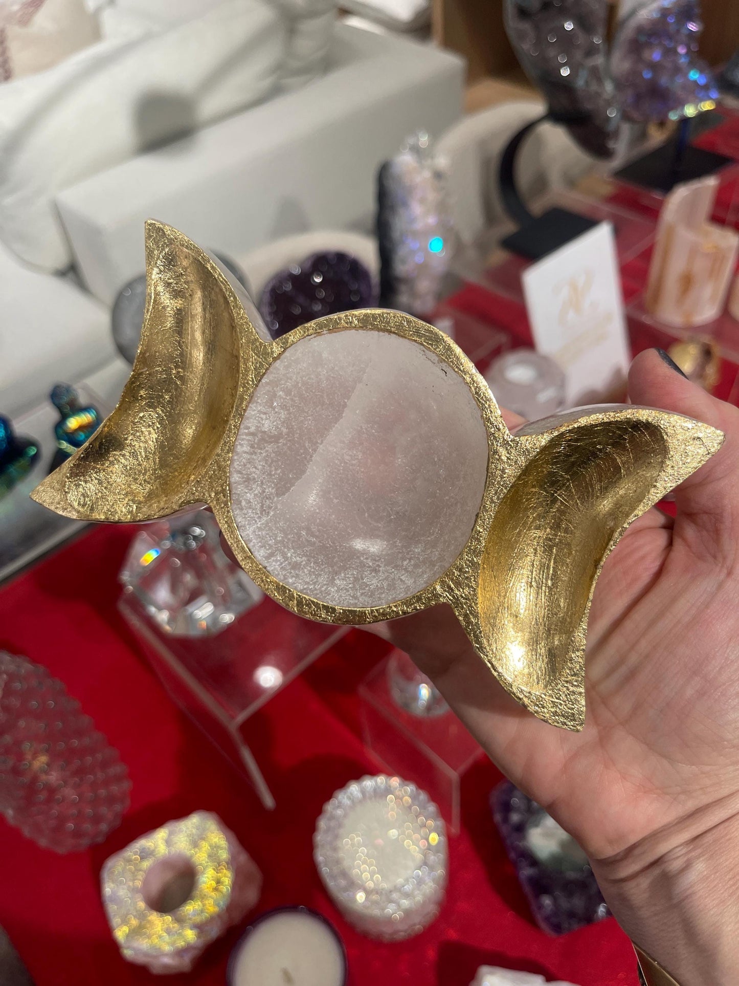 Gold Leaf Selenite Triple Moon Dish: Custom Home Decor