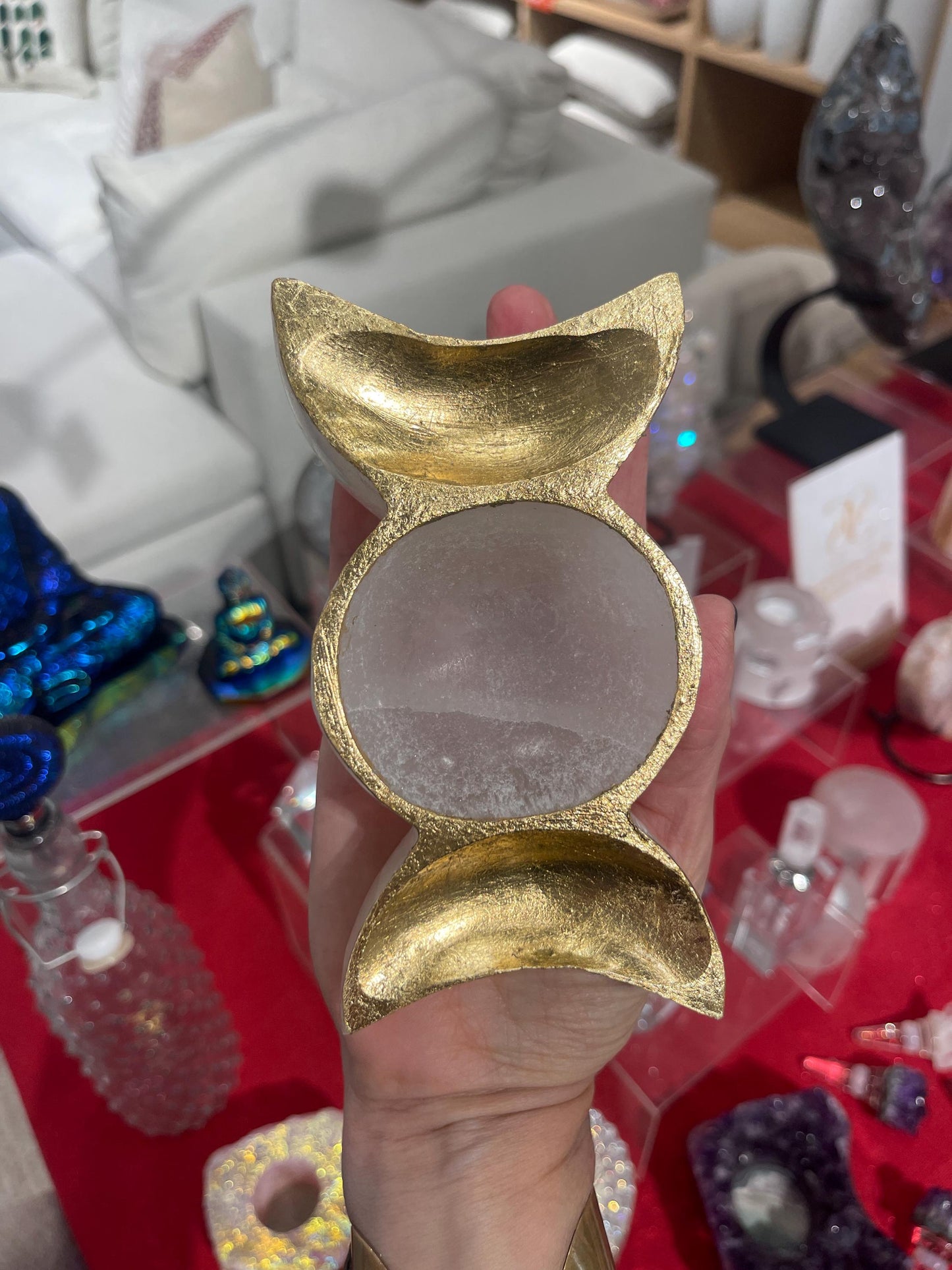 Gold Leaf Selenite Triple Moon Dish: Custom Home Decor