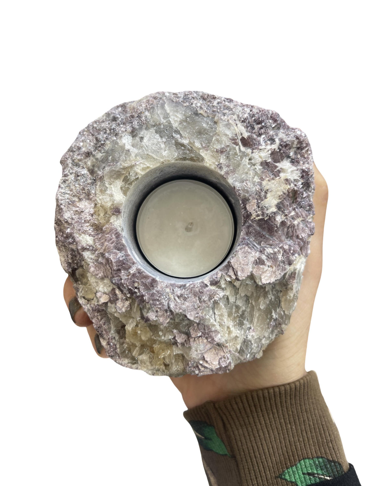 Lepidolite Tea Light Holder: Mica Crystal Candle Holder, Anxiety Relief Decor