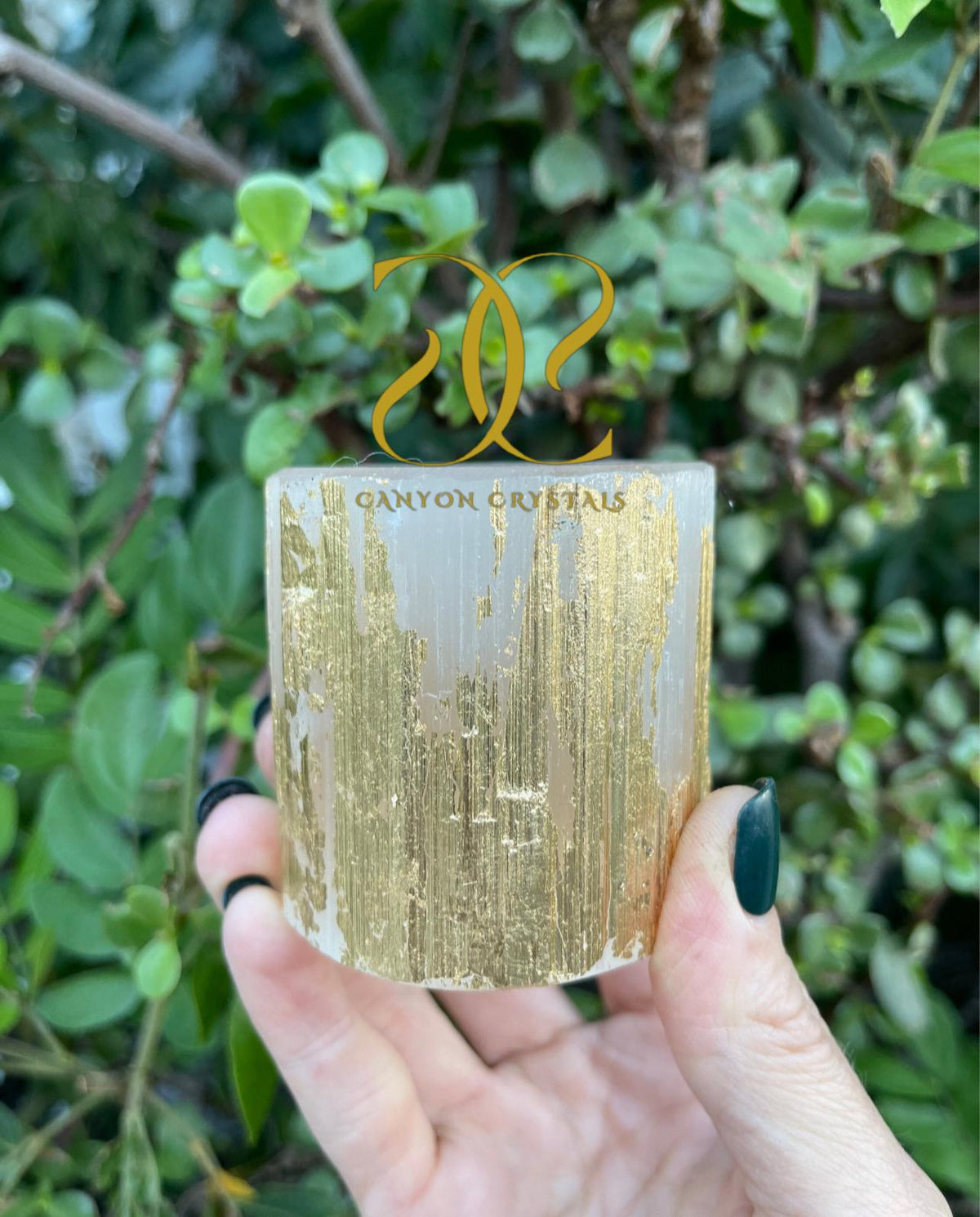 Gold Leaf Selenite Candle Holder: Art Deco Gilded Decor