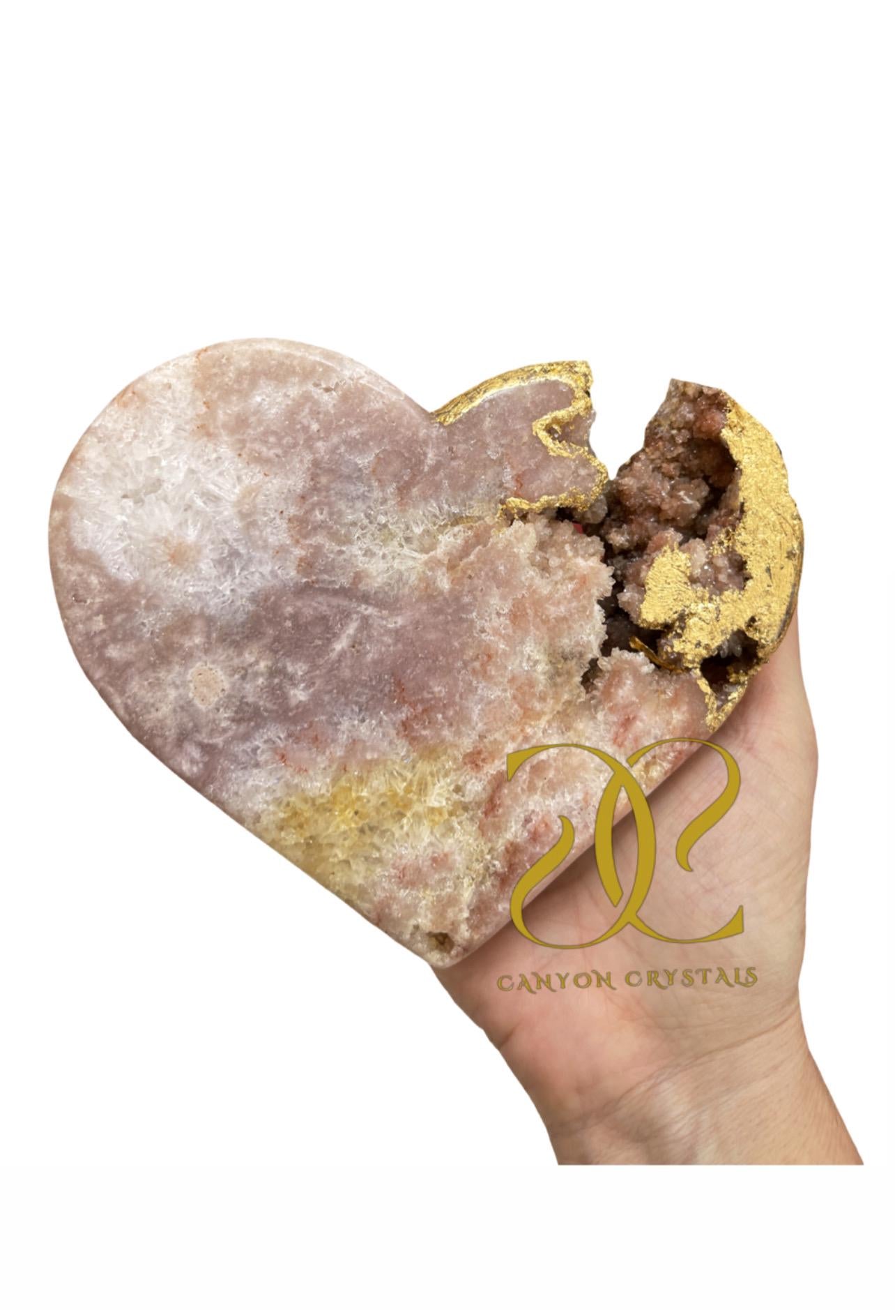 Gold Leaf Pink Amethyst Heart Crystal on Stand: One of a Kind Luxury Home Decor,