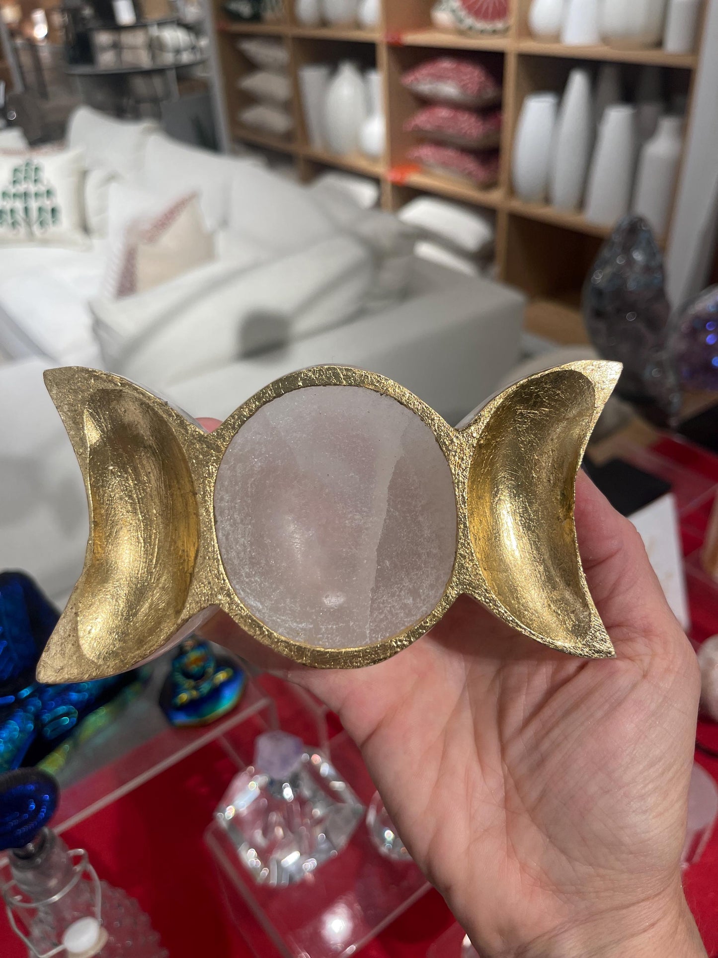 Gold Leaf Selenite Triple Moon Dish: Custom Home Decor