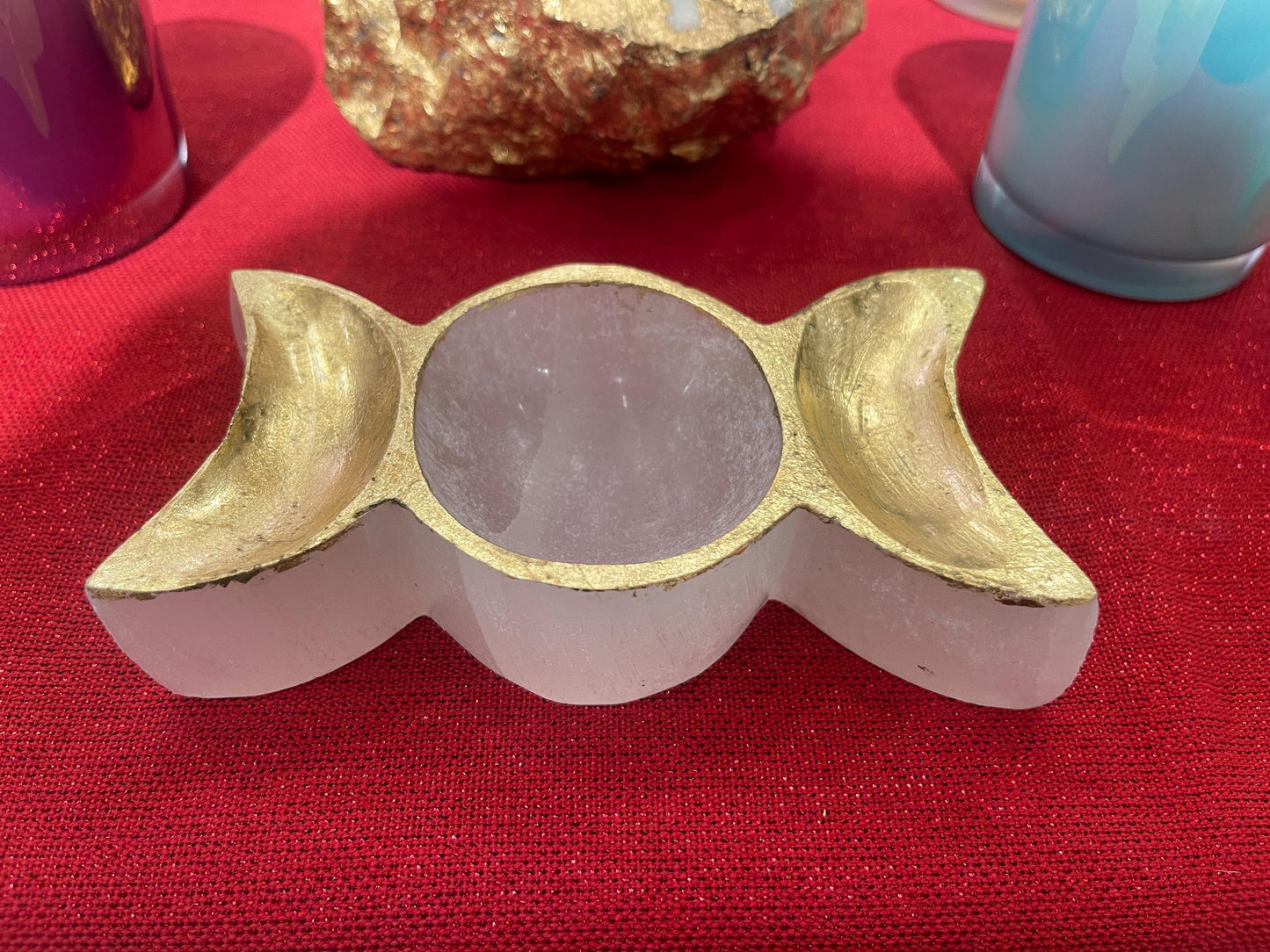 Gold Leaf Selenite Triple Moon Dish: Custom Home Decor