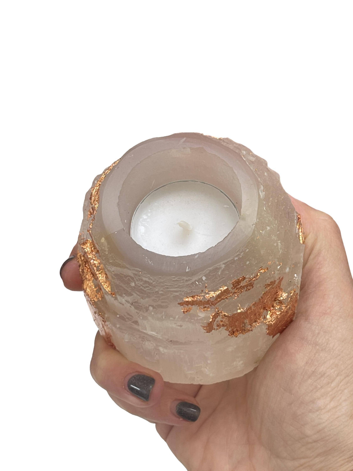Rose Gold Leaf Selenite Candle Holder, Elegant Holiday Home Decor, Wedding Table Decor
