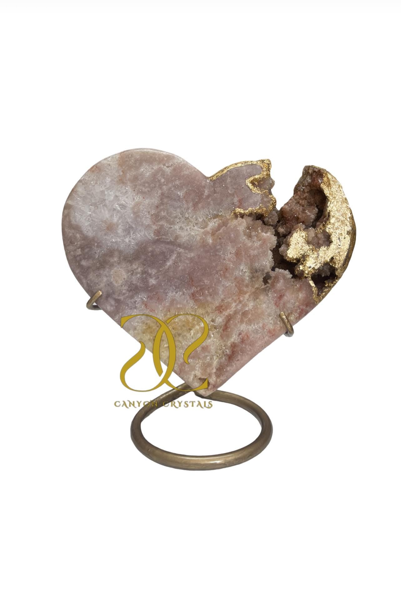 Gold Leaf Pink Amethyst Heart Crystal on Stand: One of a Kind Luxury Home Decor,