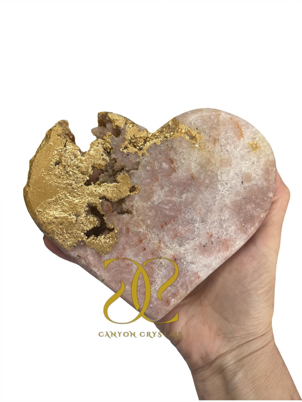 Gold Leaf Pink Amethyst Heart Crystal on Stand: One of a Kind Luxury Home Decor,