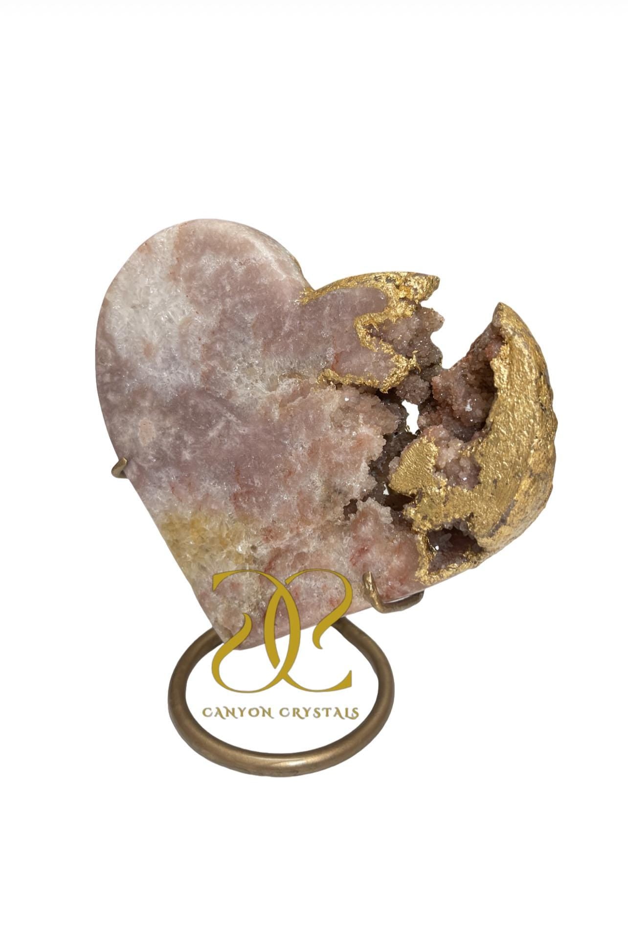 Gold Leaf Pink Amethyst Heart Crystal on Stand: One of a Kind Luxury Home Decor,