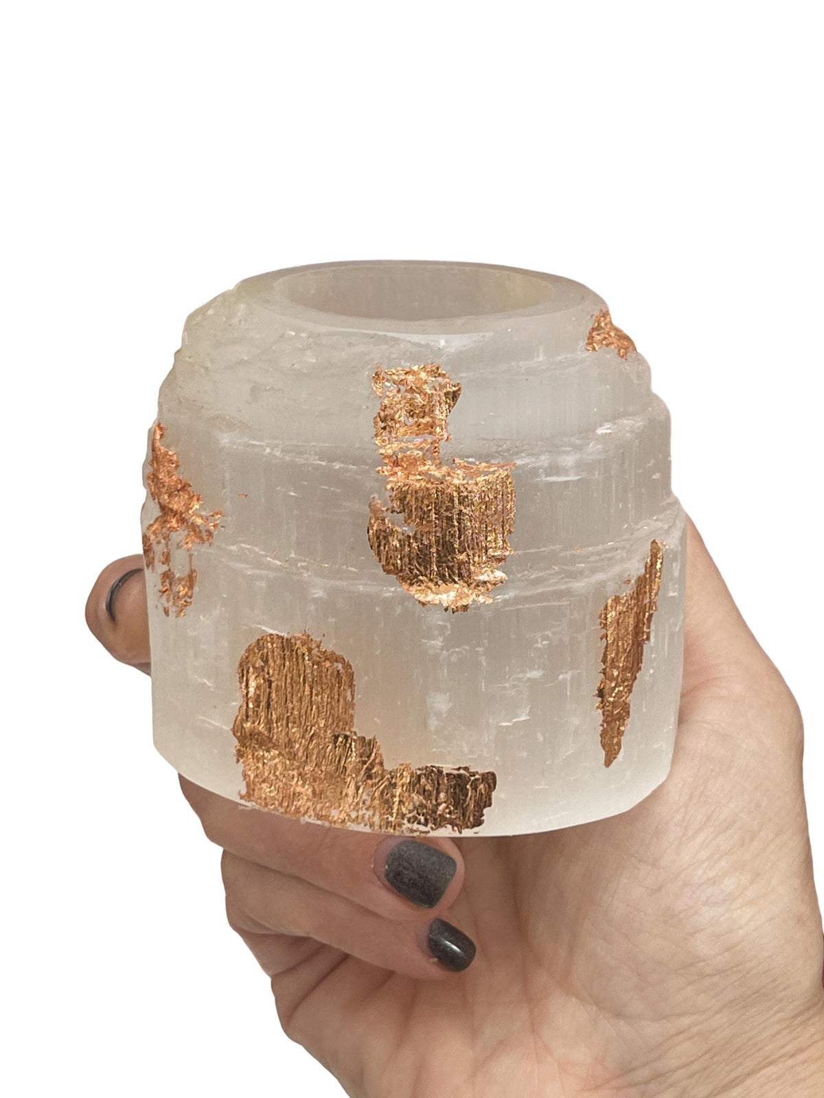 Rose Gold Leaf Selenite Candle Holder, Elegant Holiday Home Decor, Wedding Table Decor