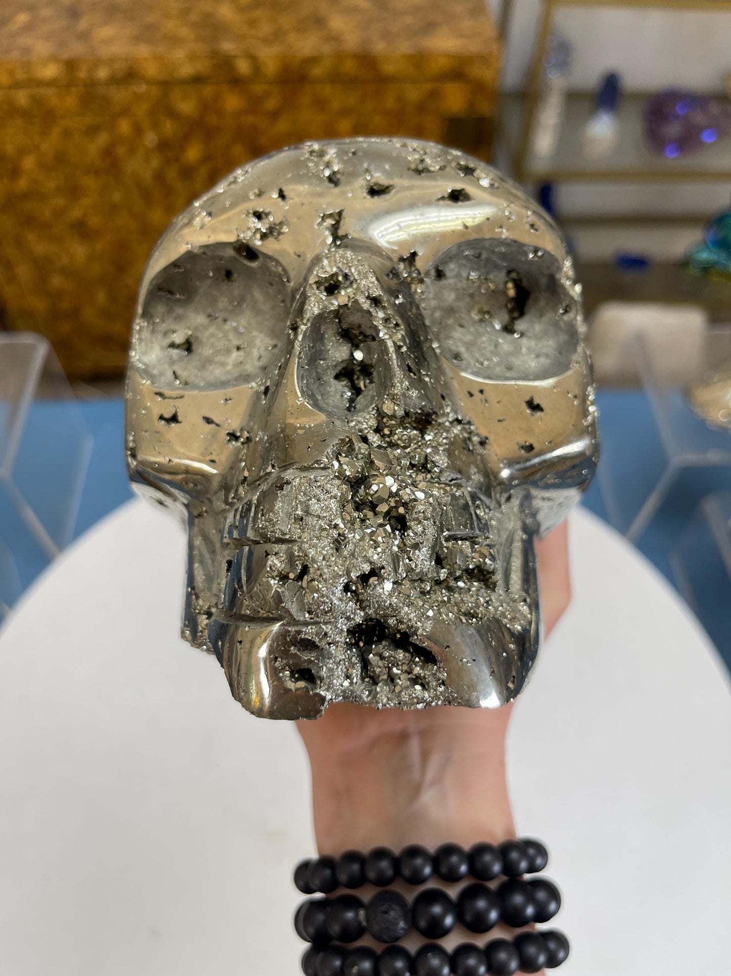 Extra Large 15.38 lb Pyrite Skull, Pyrite Statement Piece, Pyrite Carvings, Crystal Skulls, Gifts for him, Crystals for Protection, Wealth