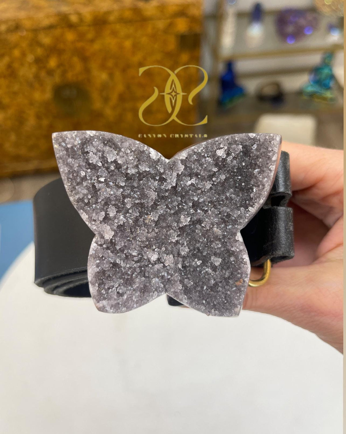 Amethyst Butterfly Belt Buckle: Gemstone Leather Snap Belt