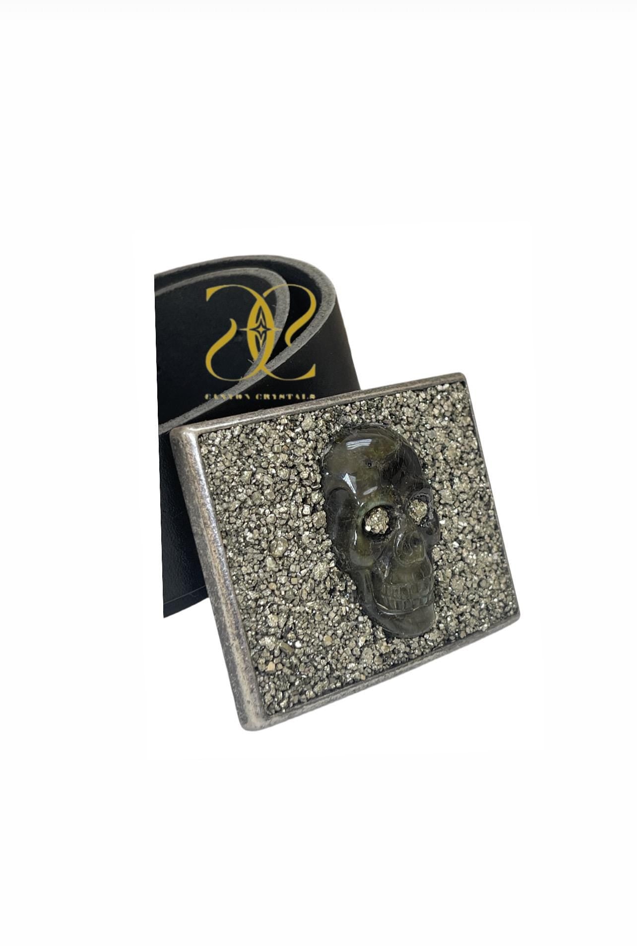 Pyrite and Labradorite Skull Belt Buckle, Unique Belt Buckle, Crystal Belts, Gemstone Belt Buckle, Men's Belts, Leather Snap Belts