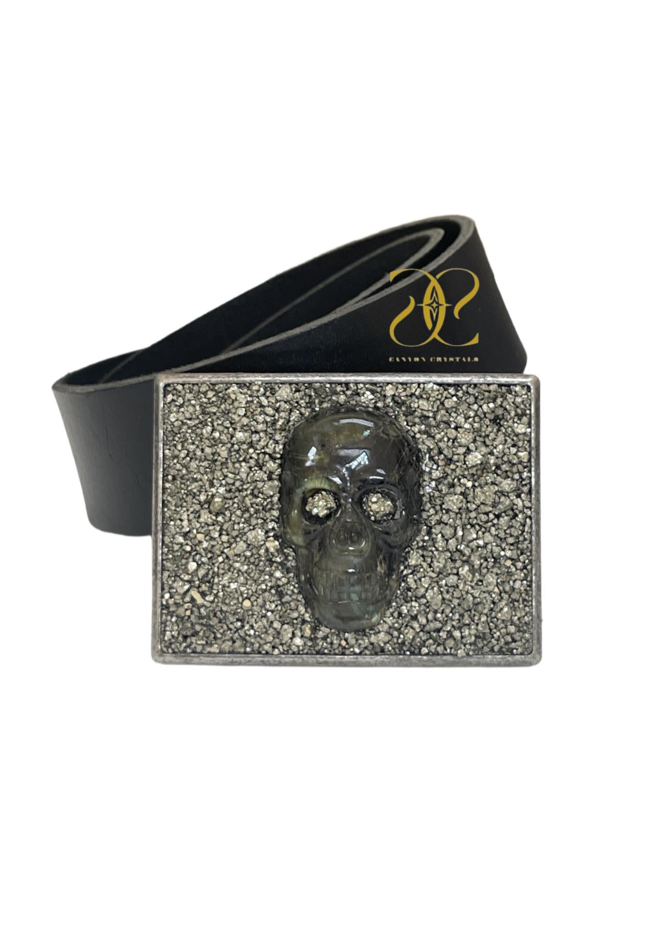 Pyrite and Labradorite Skull Belt Buckle, Unique Belt Buckle, Crystal Belts, Gemstone Belt Buckle, Men's Belts, Leather Snap Belts