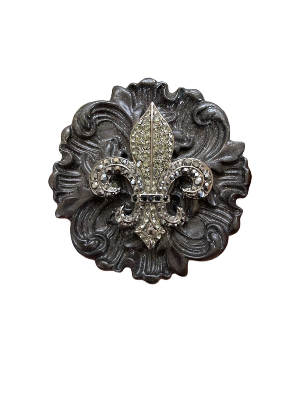 Crystal Fleur de Lis Belt Buckle: Dark Brown Scroll Design