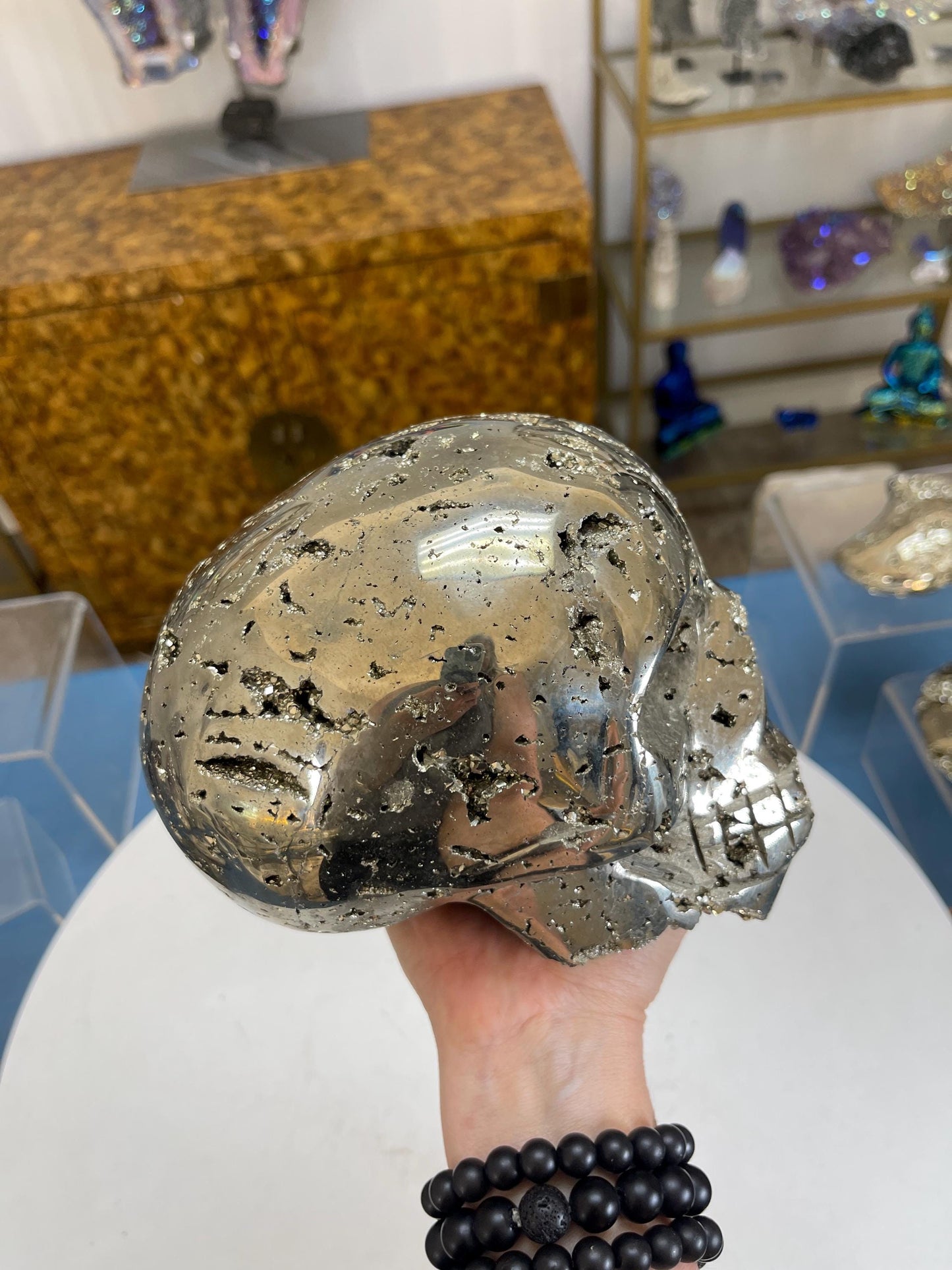 Extra Large 15.38 lb Pyrite Skull, Pyrite Statement Piece, Pyrite Carvings, Crystal Skulls, Gifts for him, Crystals for Protection, Wealth