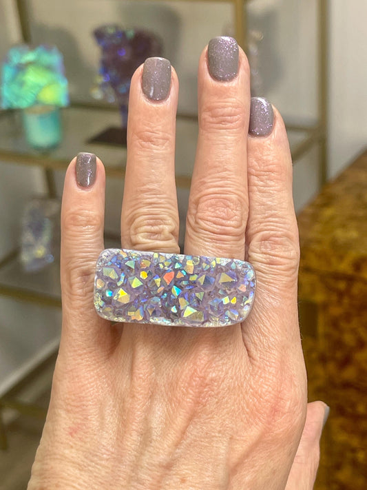 Size 7/7.5 Angel Aura Amethyst Statement Ring: Carved Stone Chunky Band