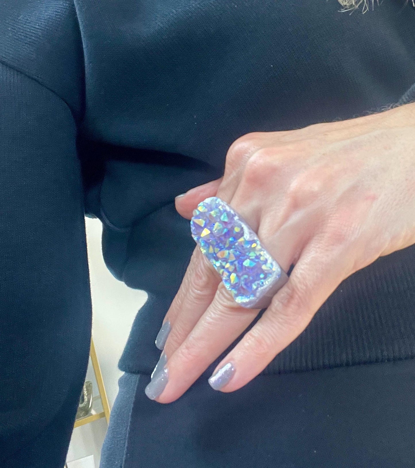 Size 7/7.5 Angel Aura Amethyst Statement Ring: Carved Stone Chunky Band