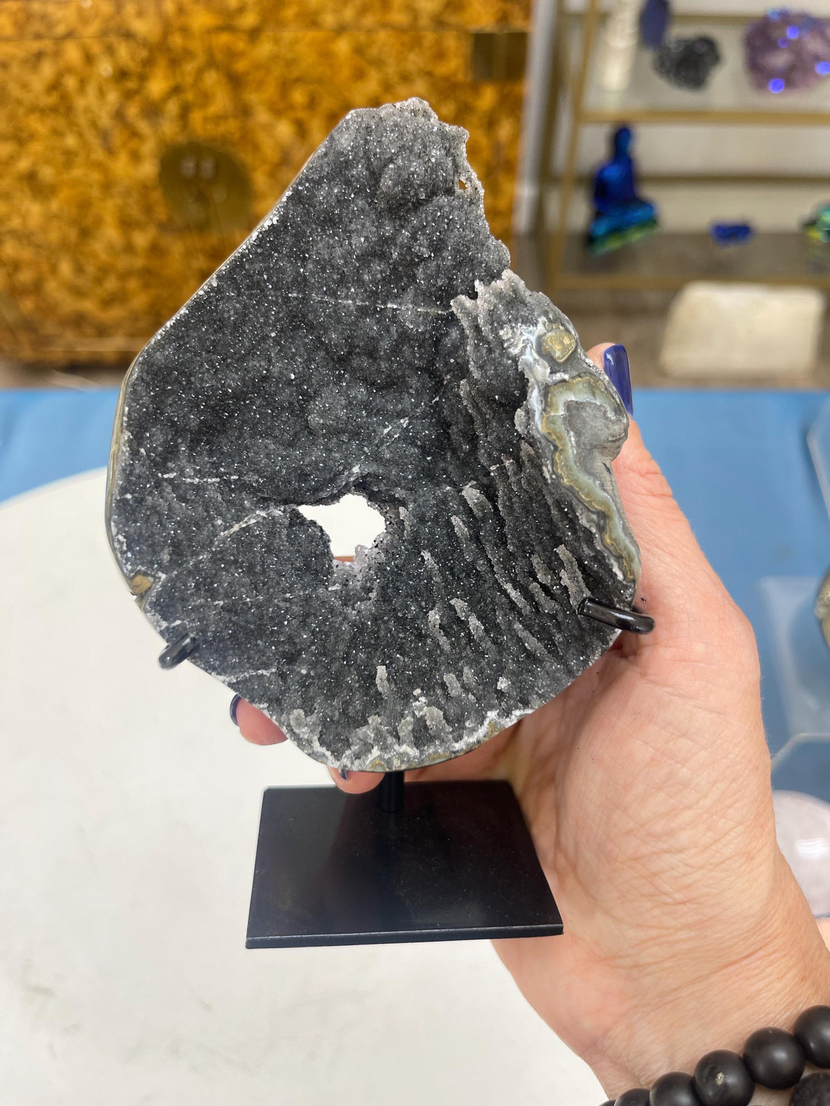 Gray Galaxy Druzy Amethyst on Stand: Reiki Charged Crystal Decor