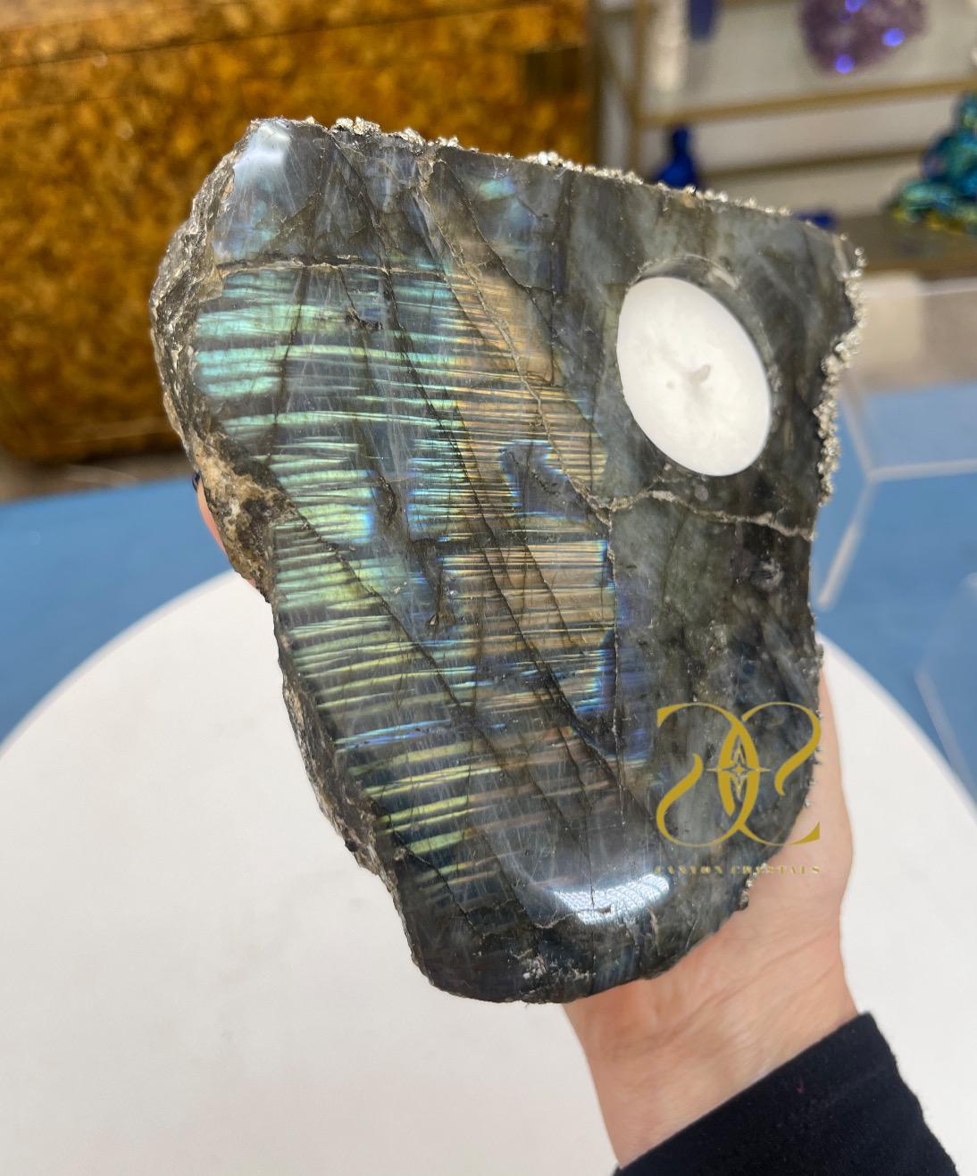 Labradorite & Pyrite Candle Holder: Exclusive Crystal Home Decor