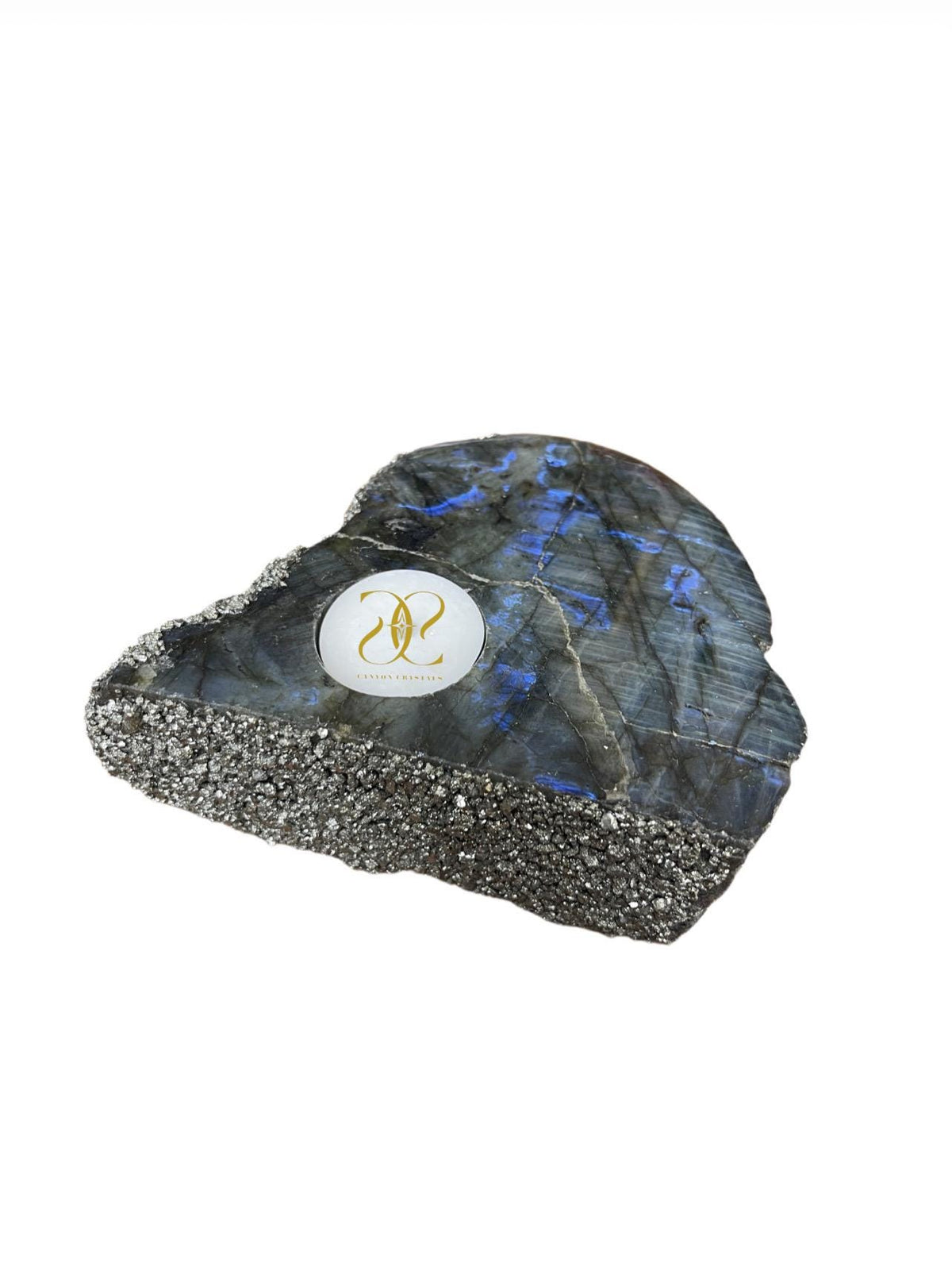 Labradorite & Pyrite Candle Holder: Exclusive Crystal Home Decor