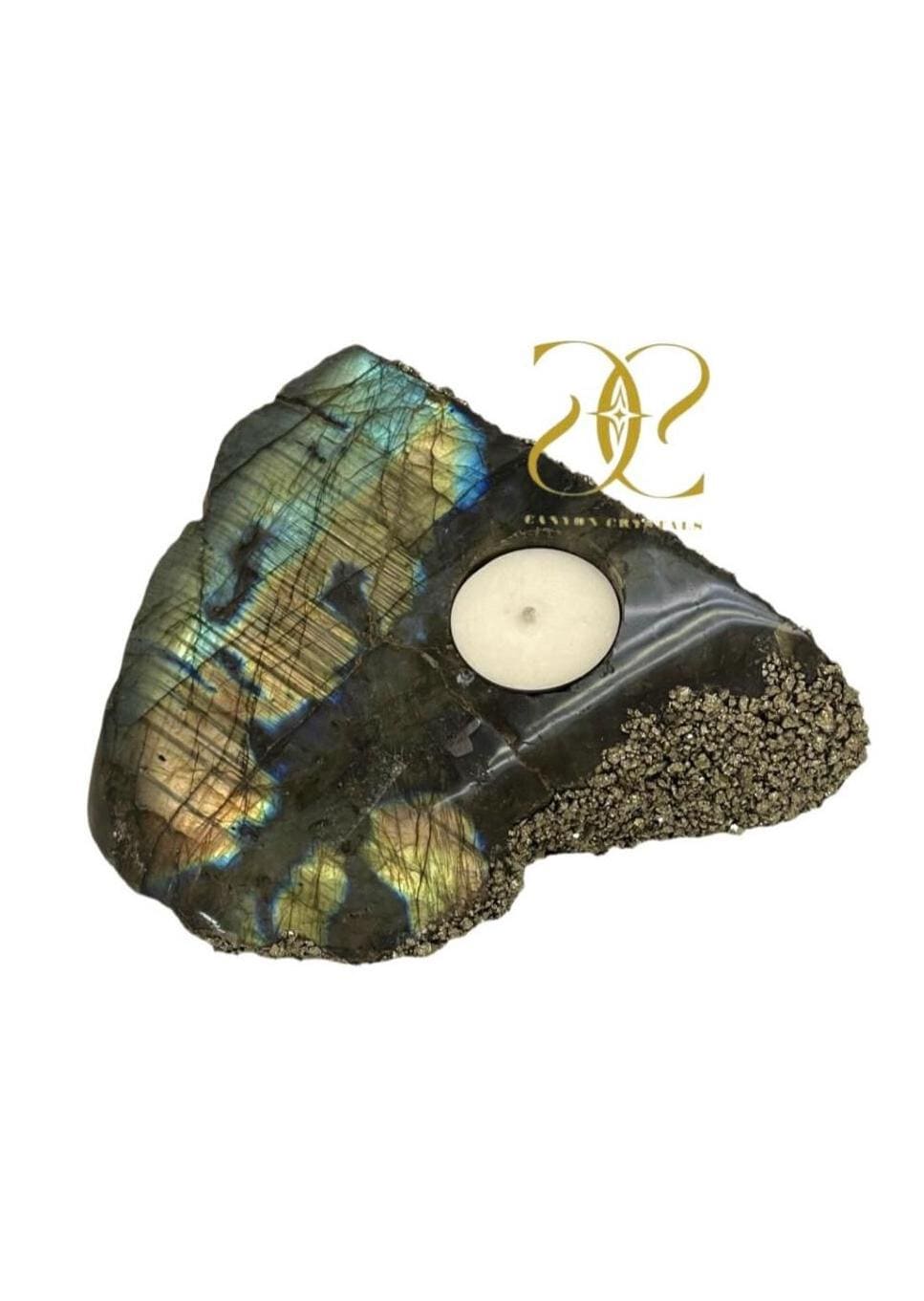 Labradorite & Pyrite Candle Holder: Exclusive Crystal Home Decor